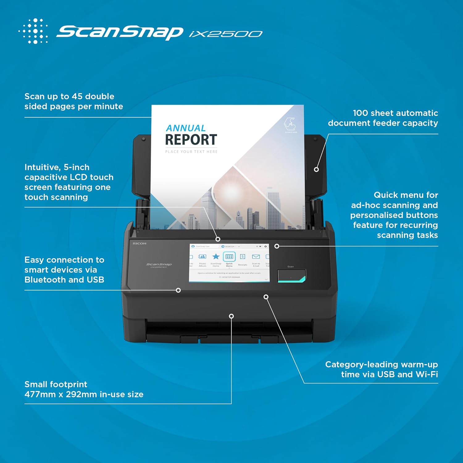 ScanSnap iX2500 Schwarz – Ultraschneller Duplex-Scanner mit 45 S./Min., 100-Blatt-ADF, 600DPI, 5″ Touchscreen, WLAN/Bluetooth/USB-Konnektivität