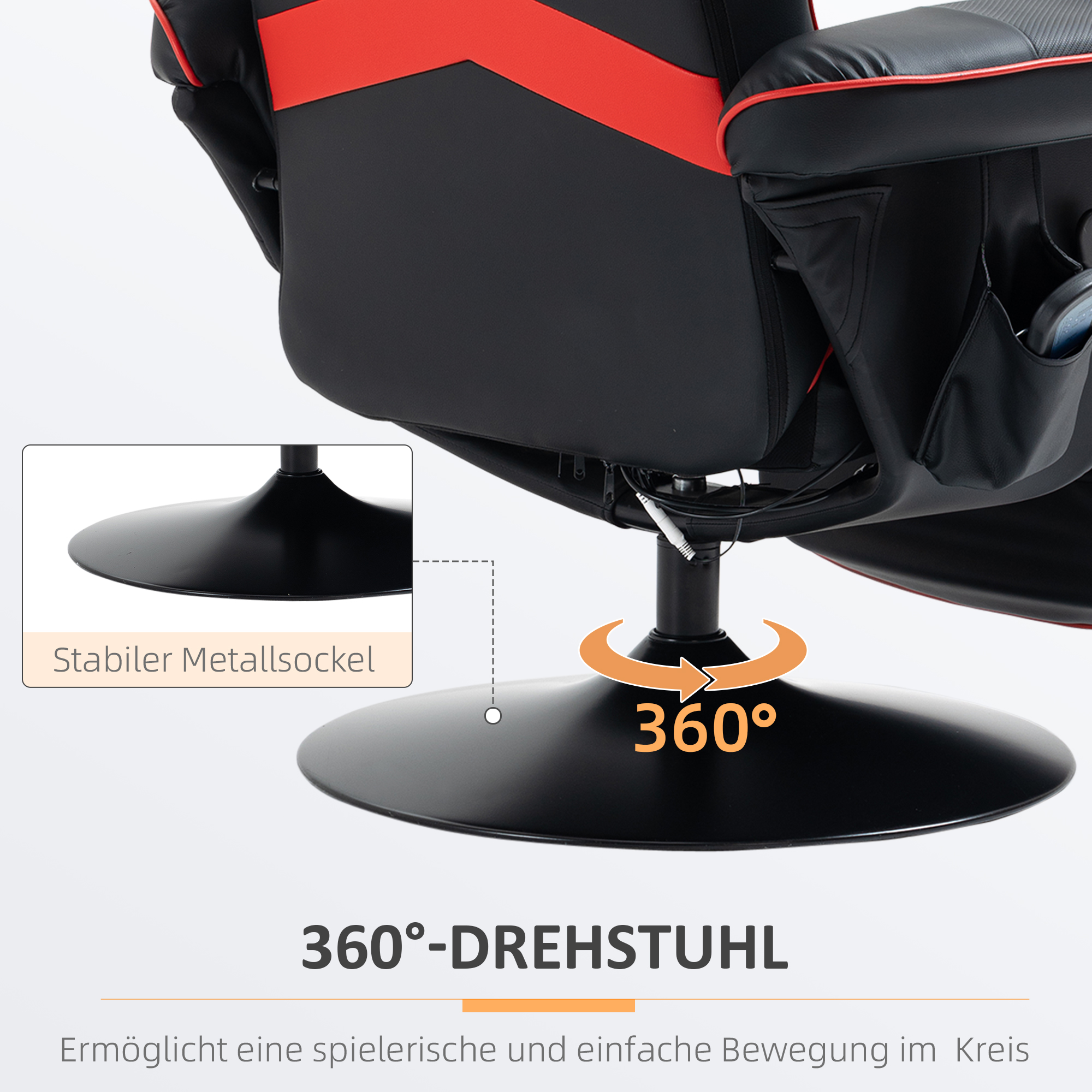 Gaming-stoel met massagefunctie, inclusief voetensteun, ligfunctie, rood + zwart.