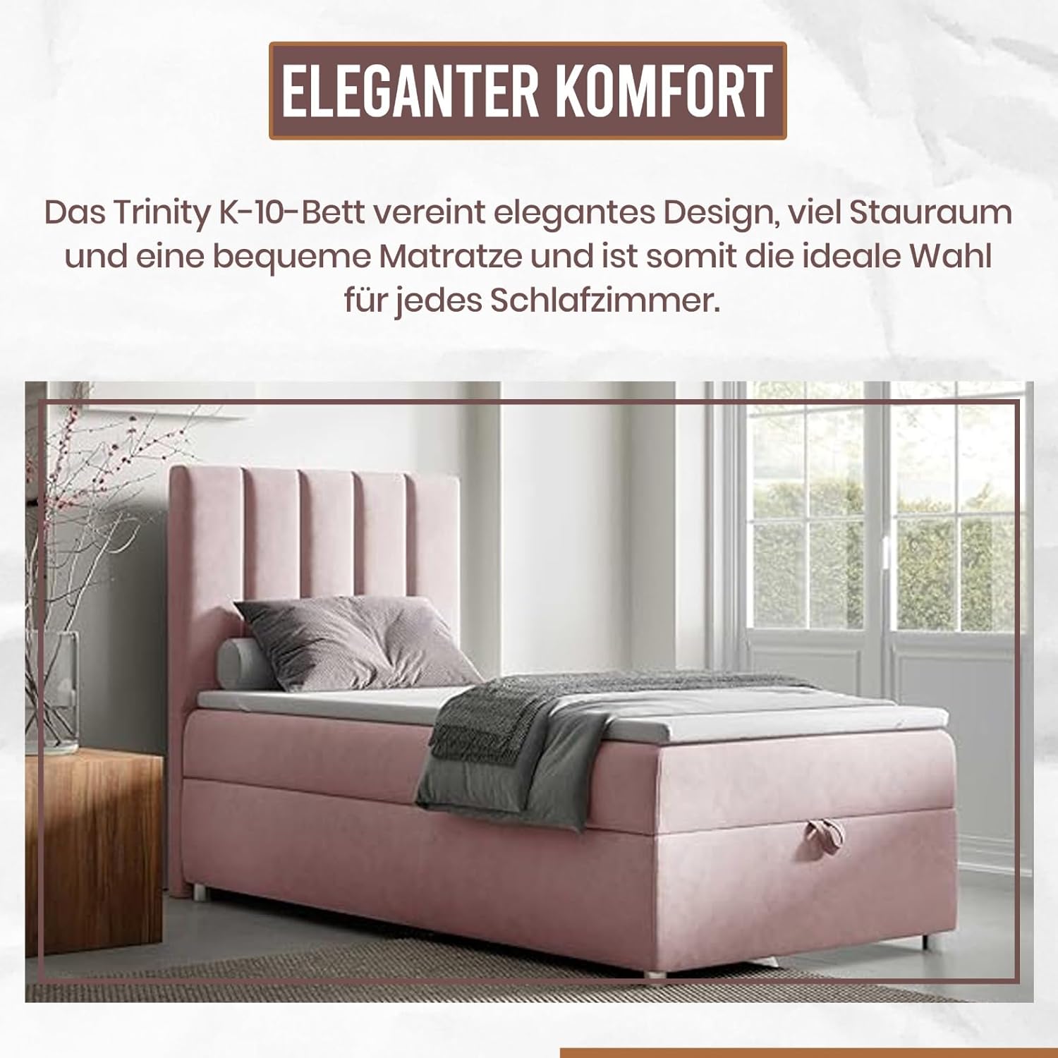 Trinity K10 Einzelbett | Boxspringbett mit Bonell Federkernmatratze | MatratzenTopper | Bett mit Stauraum