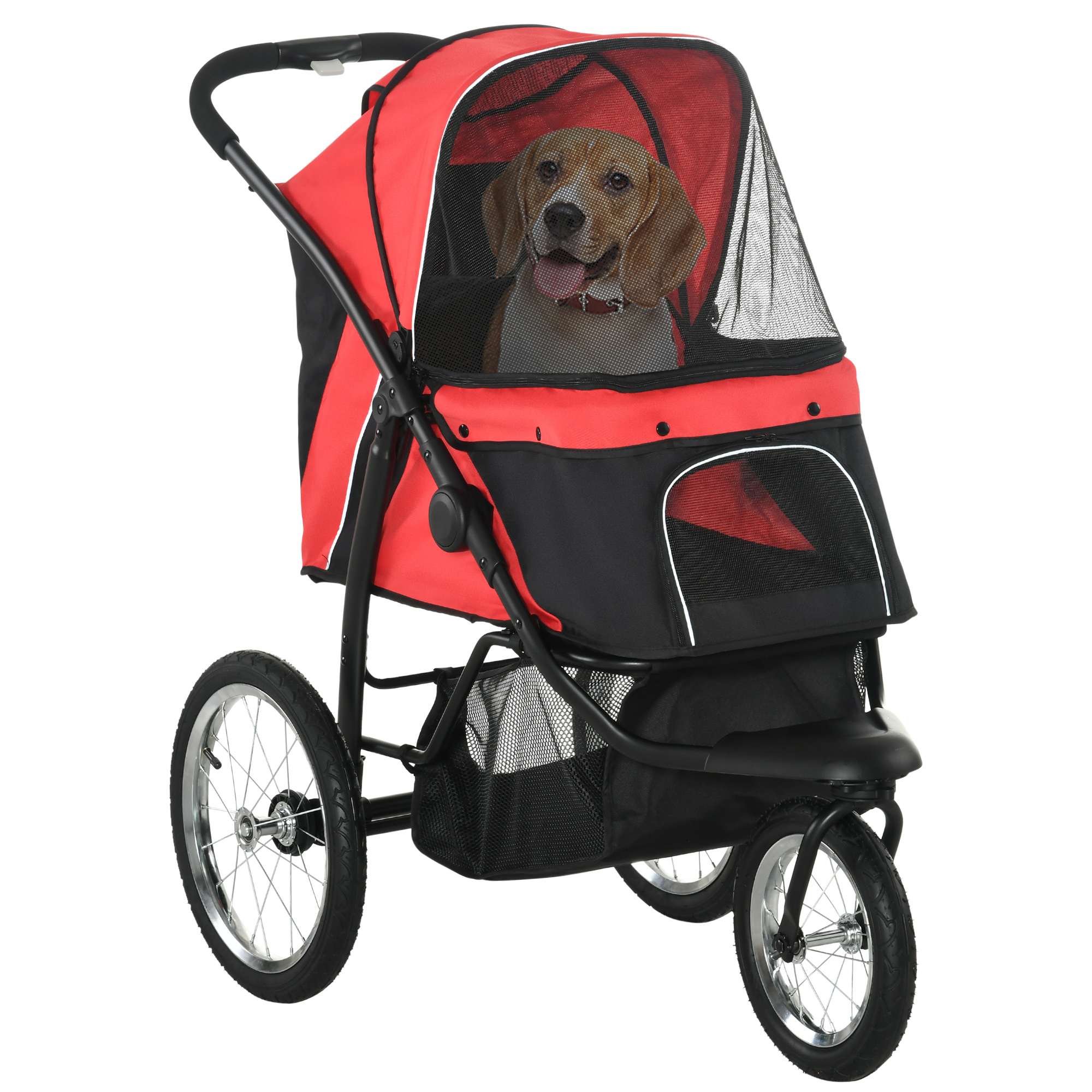 PawHut Opvouwbare hondenwagen met zonbescherming, netvensters en opbergmand - Rood, 111 x 58 x 107 cm