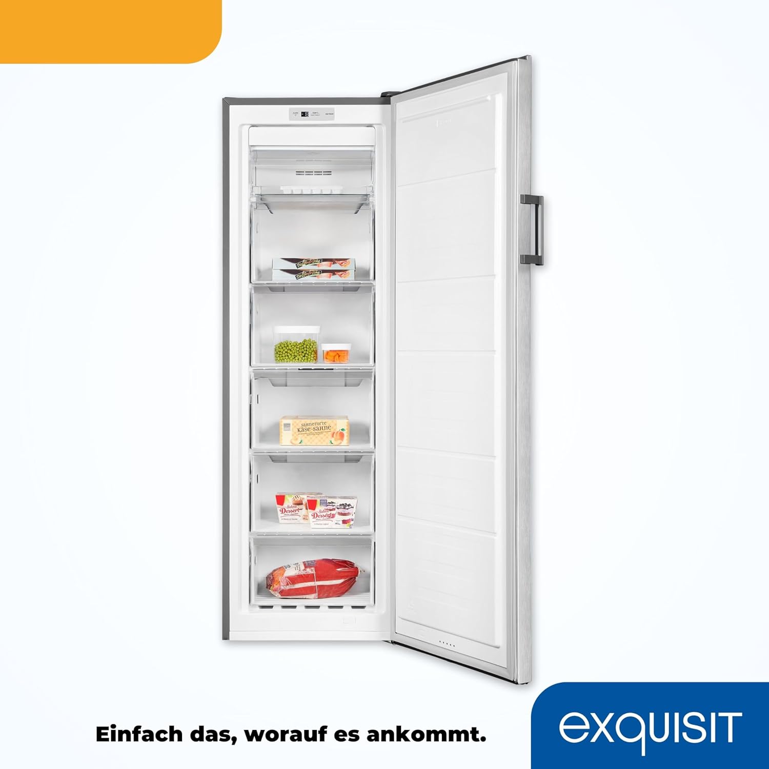 Exquisit Gefrierschrank GS271-NF-H-010E inoxlook | Gefrierschrank NoFrost 194 l Volumen | Tiefkühlschrank mit 5 Schubladen | Schnellgefrieren