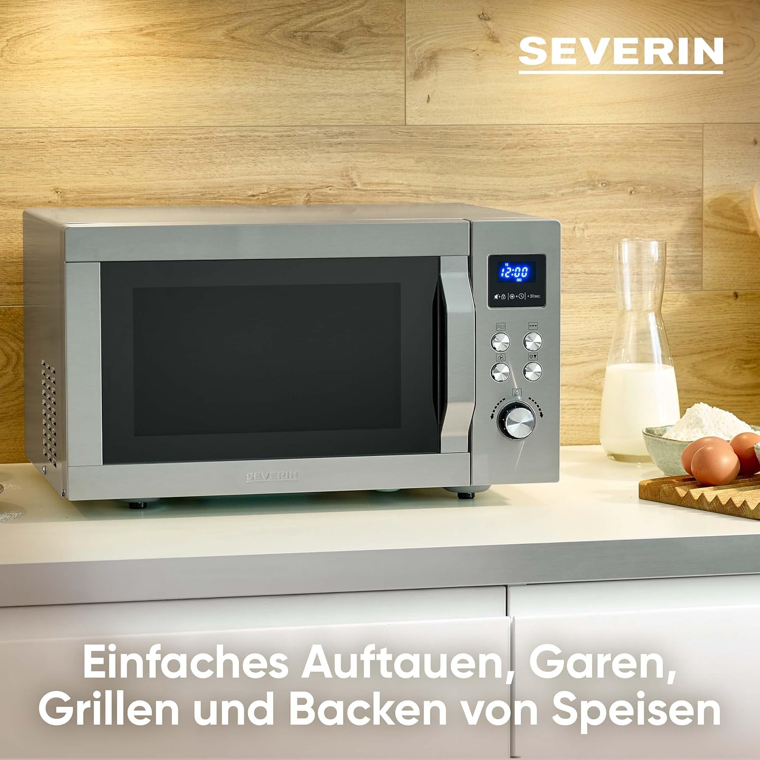 SEVERIN Mikrowelle mit Grill und Heißluftfunktion 3-in-1, zum Auftauen, Garen und Erhitzen, Mikrowelle mit Drehteller, Edelstahl-gebürstet/silber, MW 7774