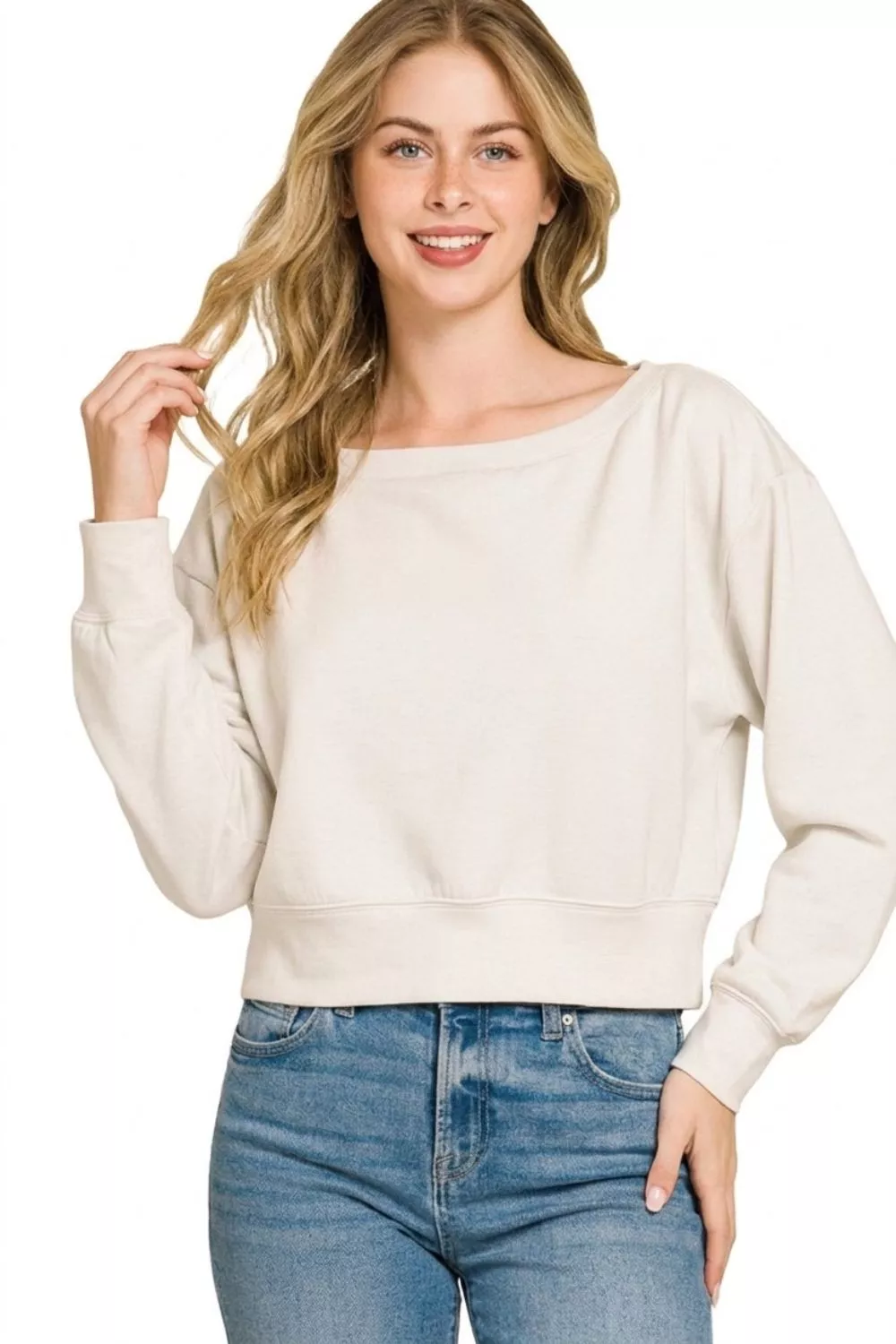 Zenana Scuba Cropped Boat Neck Pullover Sweatshirts