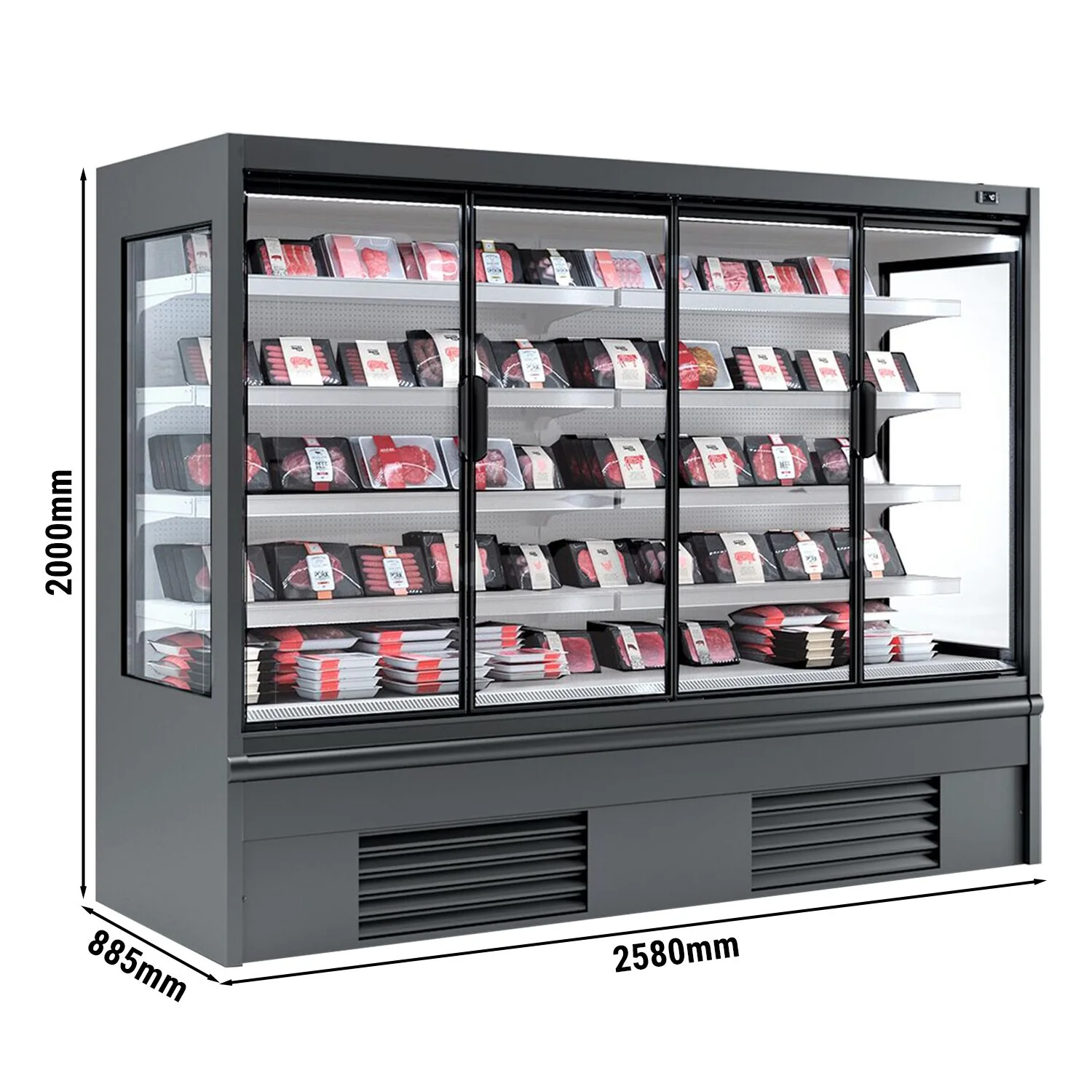 Kjølereol - 2580 mm - 1 605 l - +2 °C til +4 °C - med 4 hengslede glassdører, med dobbelt isolerglass & 4 hyller - antrasittgrå