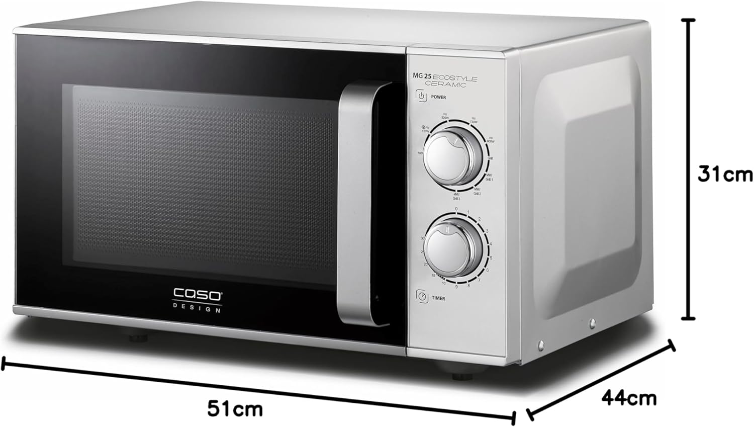 CASO MG 25 Ecostyle Ceramic - Testsieger Haus & Garten Test, Mikrowelle mit Grill, größere Nutzfläche dank CASOTEK Boden, 25 Liter, Garen auf zwei Ebenen