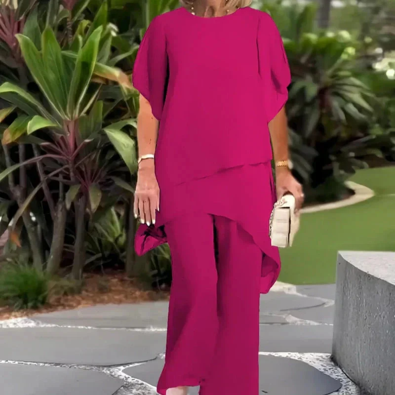 Zweiteiliges Chiffon-Set �C Asymmetrisches Lagen-Oberteil & Hose f��r Damen