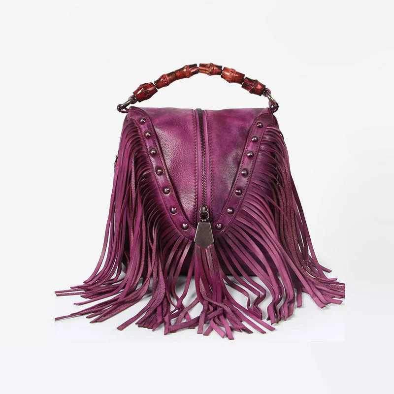 Boho Leather Fringe Crossbody Handbag Small Purses Bag