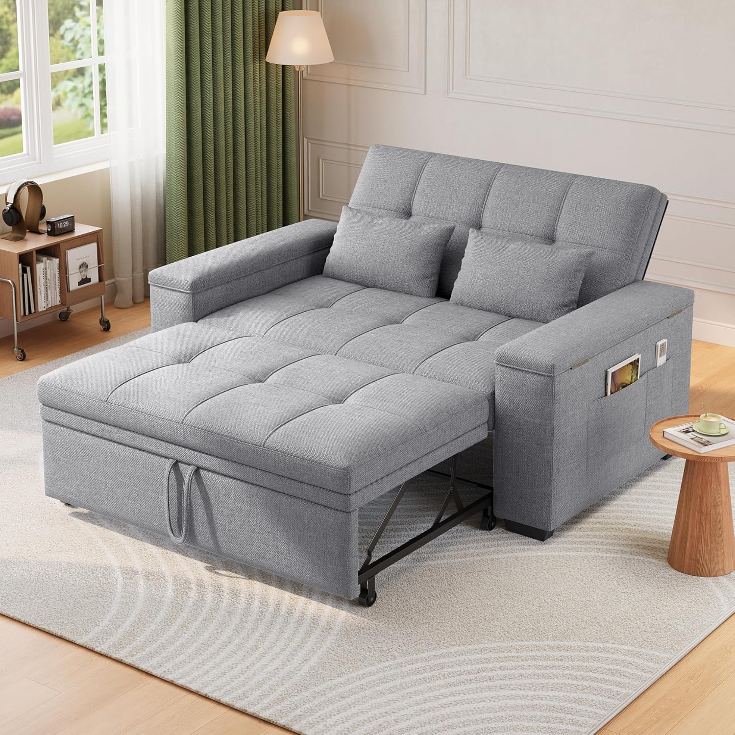 Xbro 3-in-1 Schlafsofa ausziehbar, 2-Sitzer Sofa mit Schlaffunktion, verstellbare Rückenlehne, Leinenstoff mit 2 Kissen und Seitentaschen, für Wohnzimmer, Schlafzimmer oder Büro, Hellgrau