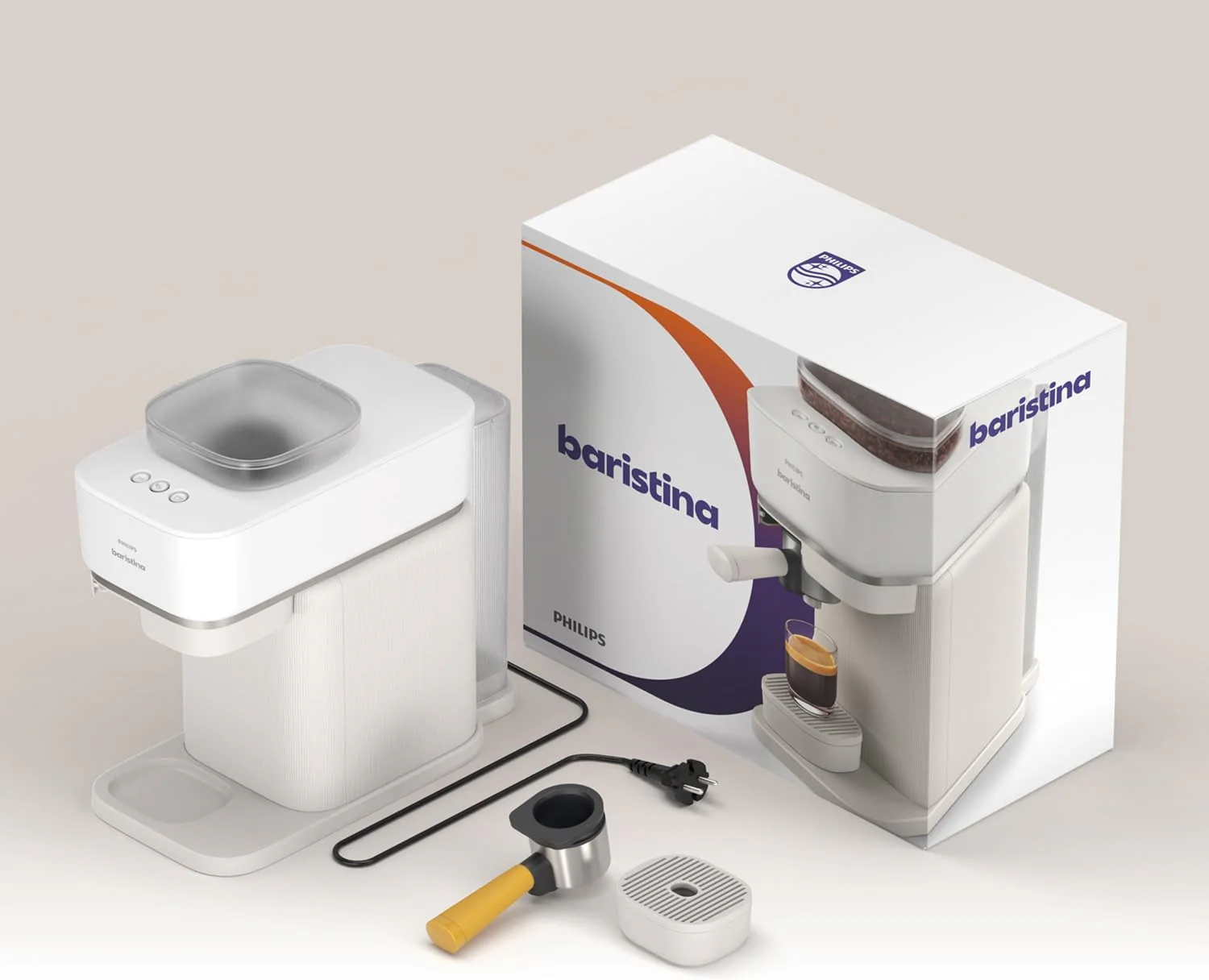 Philips Baristina Espressomaschine - Real Espresso- made simple. Kompakte Kaffeemaschine- Naturwei? mit wei?em Siebtr?ger- 16-bar-Pumpendruck- automatisches Mahlwerk- Cafe Crema (BAR300/00)