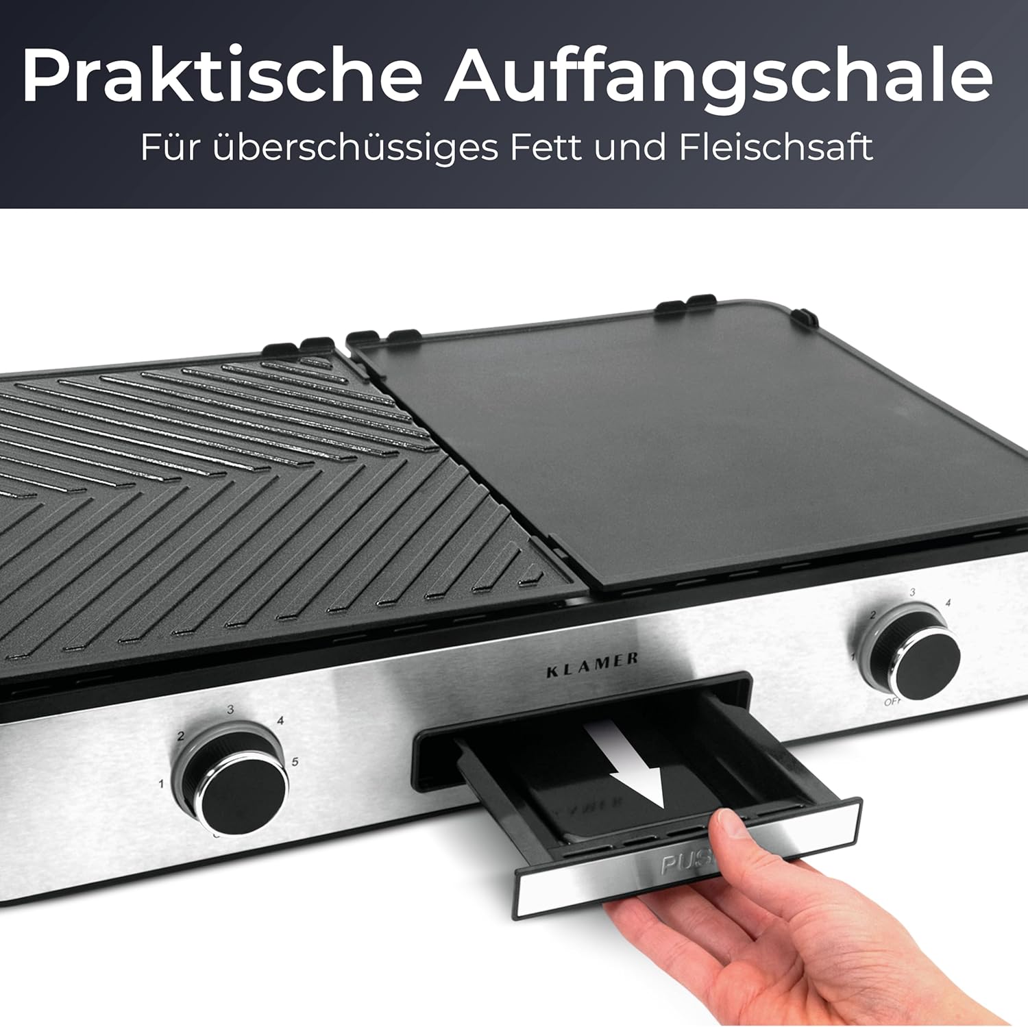 KLAMER Elektrogrill, antihaftbeschichtete und abnehmbare Duo-Platten, separate Temperatureinstellung, 5 Grillstufen, mit Wind-/ Spritzschutz & Auffangschale
