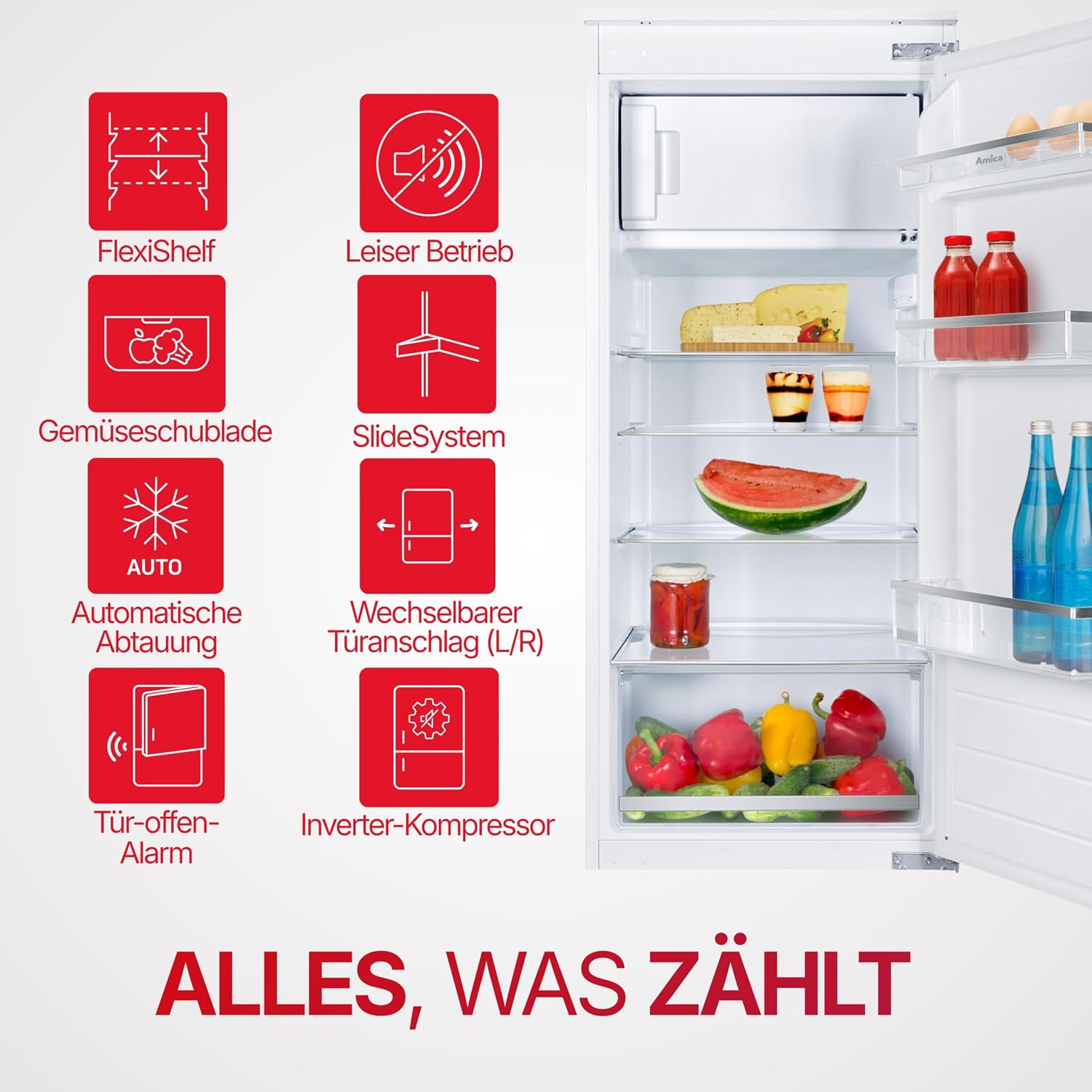 Amica Einbau Kühlschrank mit Gefrierfach 122 cm Nische Schlepptür Technik Inverter Motor elektronische Steuerung LED Beleuchtung Tür Offen Alarm