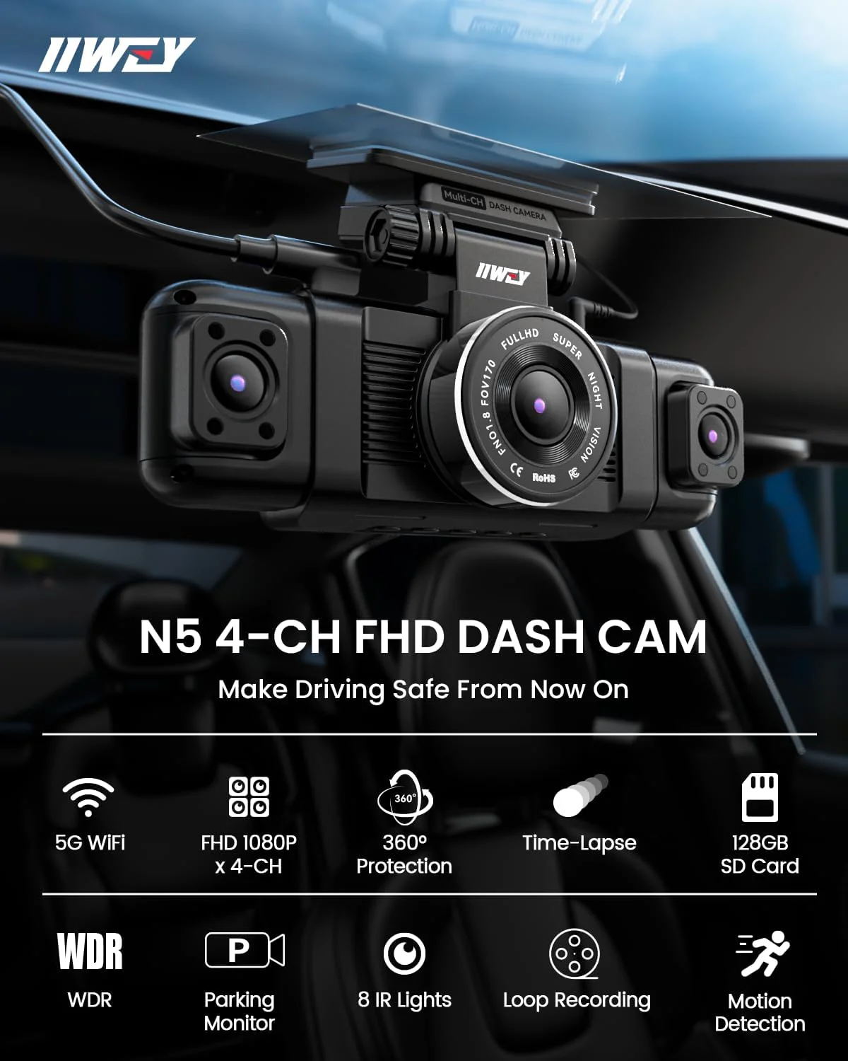 Channel Dash Cam 360° View, 1080P Front and Rear Interior, Car Left and Right Dash Cam, 8 Infrared Lights Night Vision, 5G WiFi and APP Control, G Sensor, Parking Mode, with Free 128GB SD Card