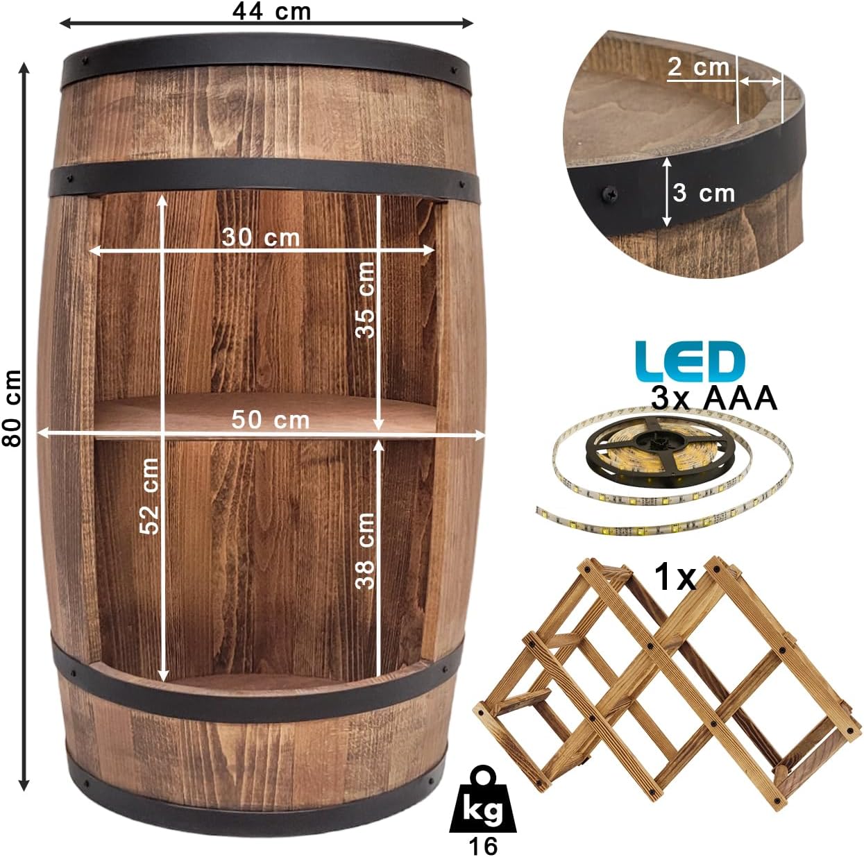 weeco Fassbar mit LED Beleuchtung und Weinhalter. Weinregal - Holzfass Hausbar 80cm. Rustikaler deko Barschrank Weinständer – Fass. Fassbier, Wein Flaschenständer - Bar Whisky Geschenk (Dunkelbraun)