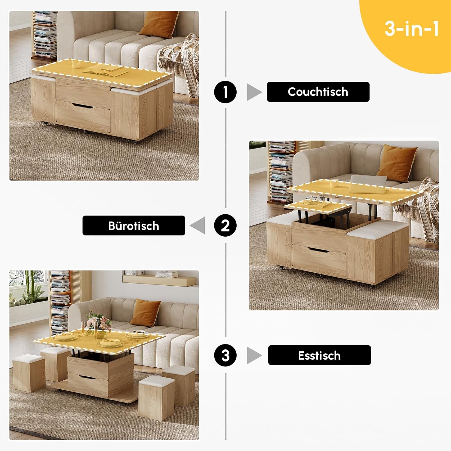 Homary Höhenverstellbarer Couchtisch mit Stauraum und 4 Hockern & Rollen – Multifunktionaler Wohnzimmertisch für kleine Räume