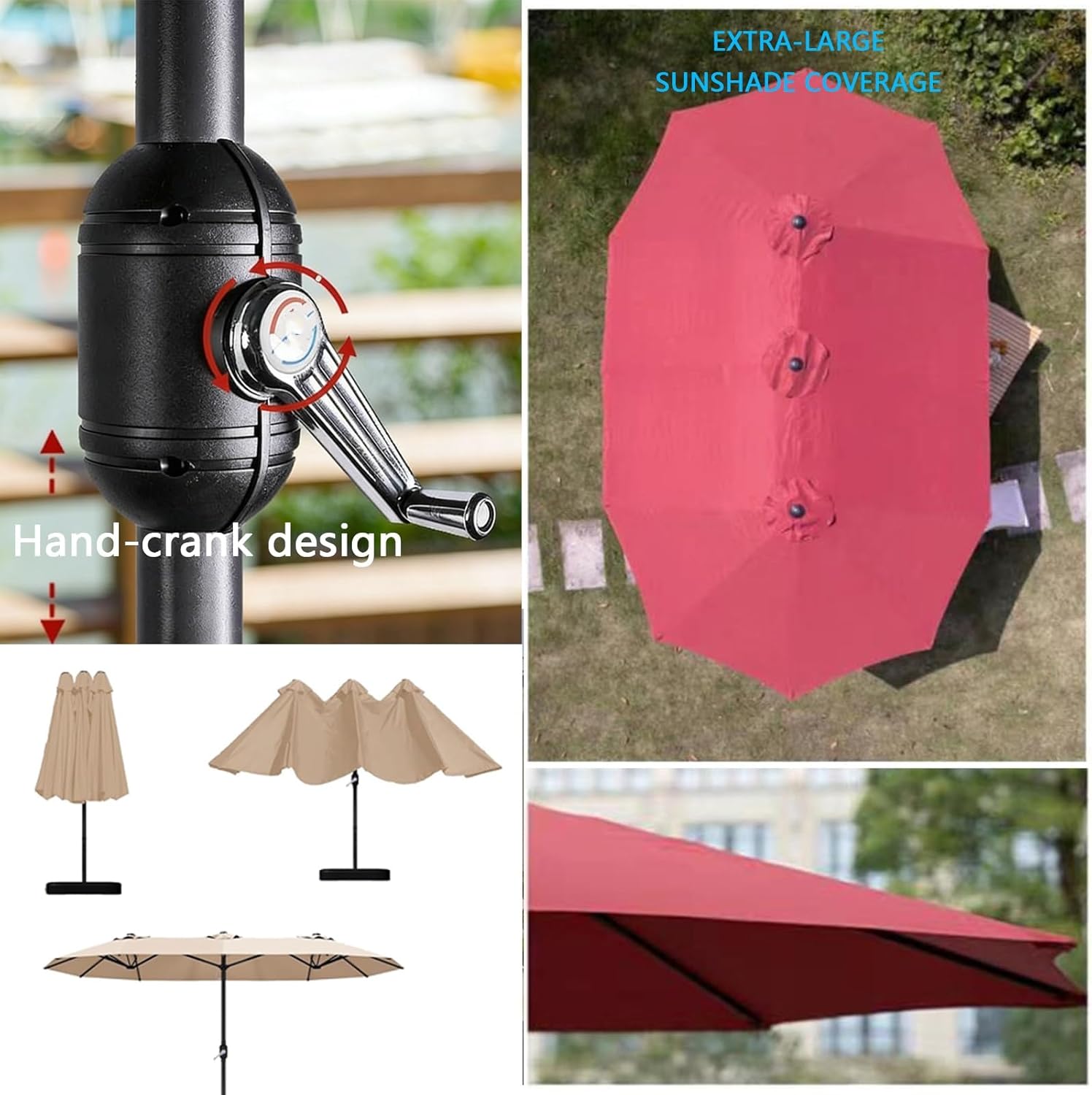 15 Fuß Großer Terrassenschirm (mit Sockel), Großer Doppelseitiger Rechteckiger Sonnenschirm for Den Außenbereich, Ideal for Terrassen, Balkone Und Hinterhöfe(Red,Large Base)