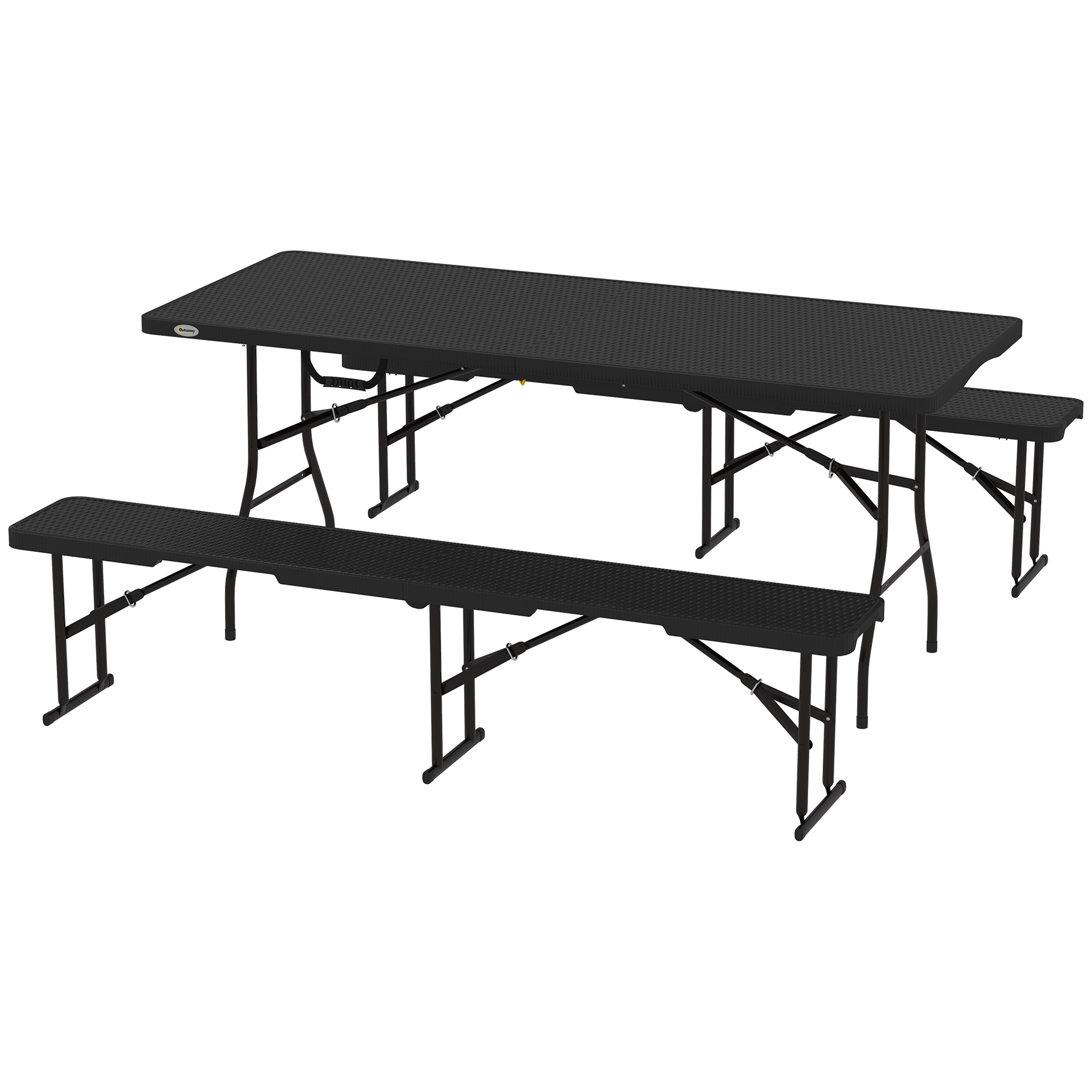 Outsunny Picknicktafel en Banken, 3-Delige Set, Opvouwbaar, Kunststof, Metaal, Zwart