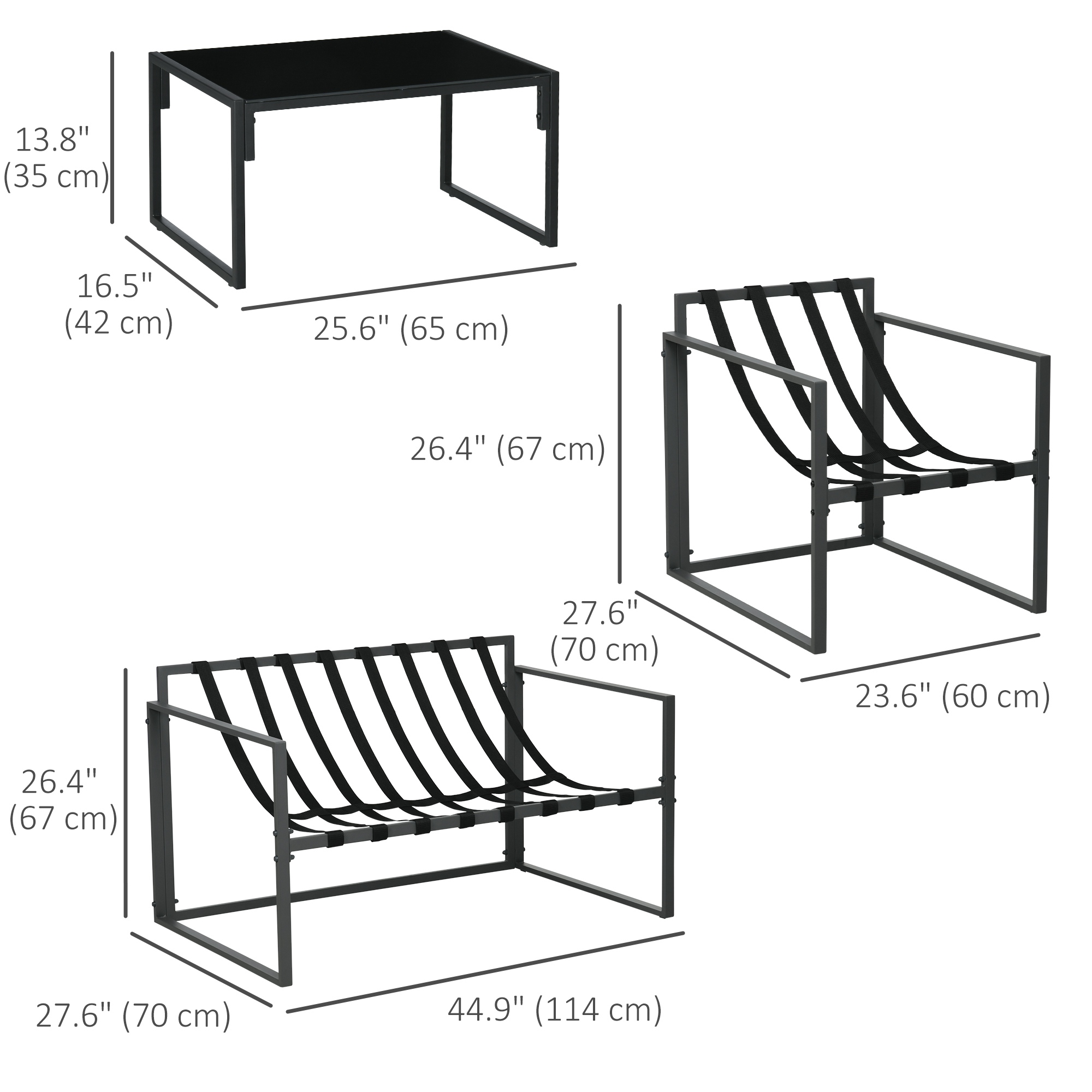 Tuinmeubelset met Glazen Tafel, 2 Stoelen, 1 Bank, Weerbestendig, 114 cm x 70 cm x 67 cm, Grijs+Beige