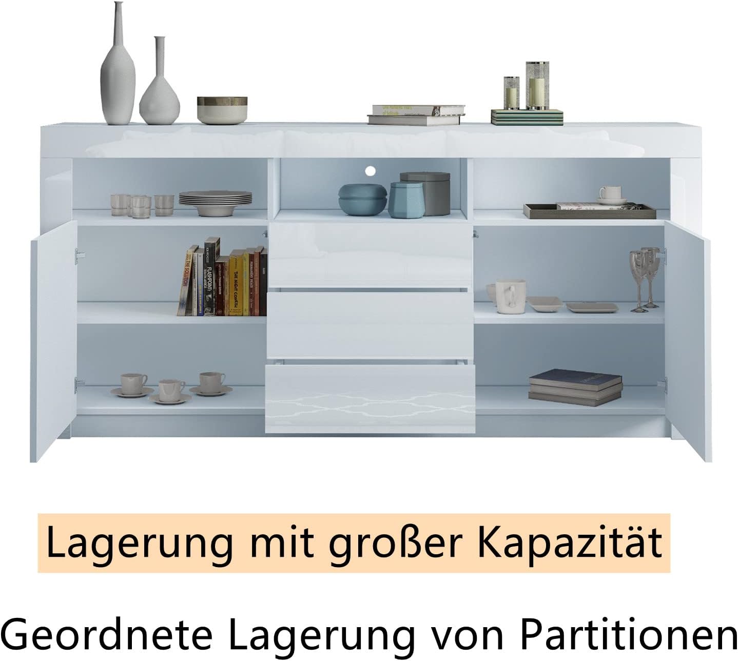Sideboard Hochglanz Matt Anrichte Schrank mit 2 Türen 3 Schubladen & LED Beleuchtung TV Lowboard Für Esszimmer Wohnzimmer Möbel Weiß