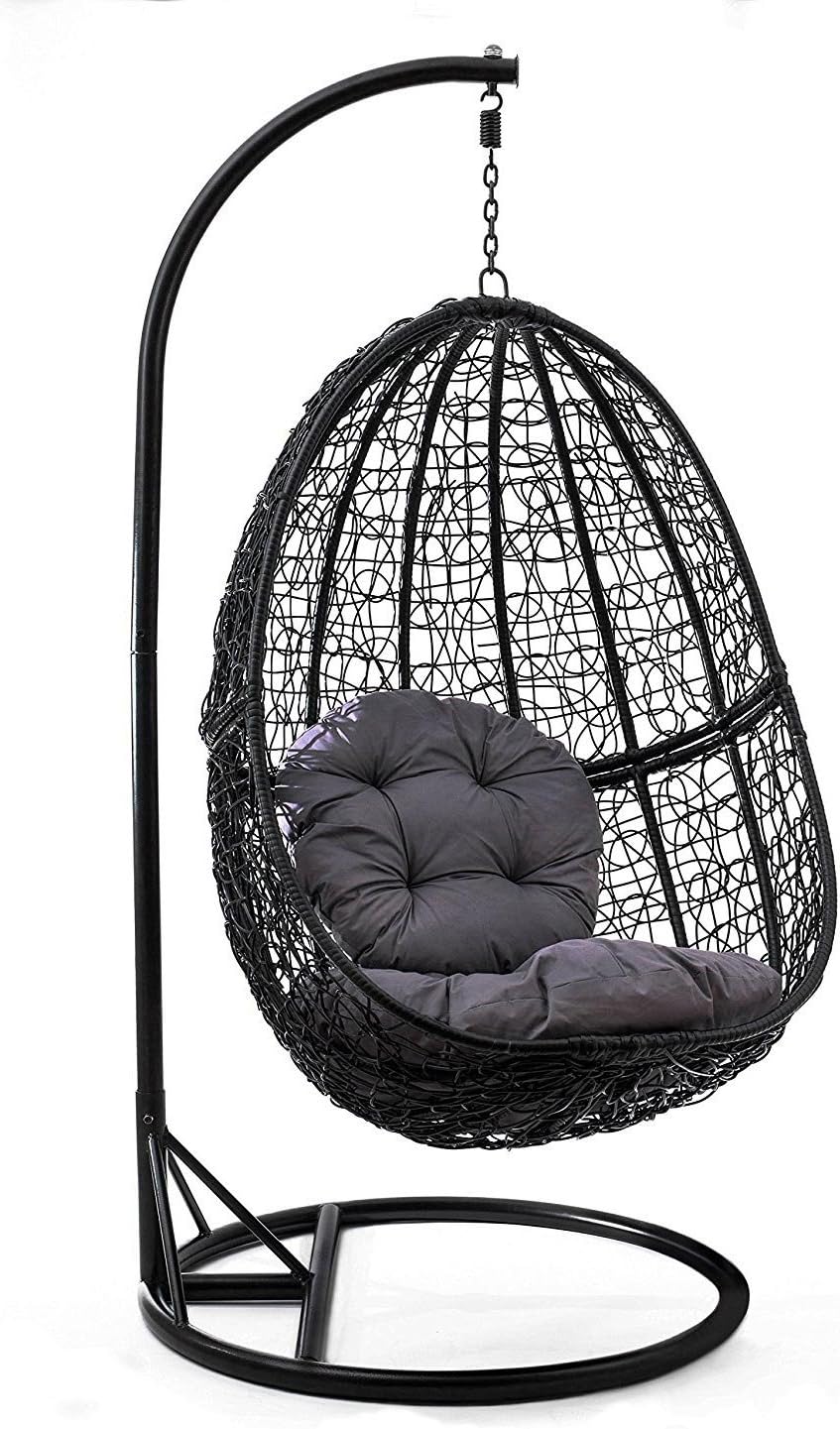 Luxus Hängesessel mit Gestell Schwarz Sitzkissen Grau XL + Cover Blau