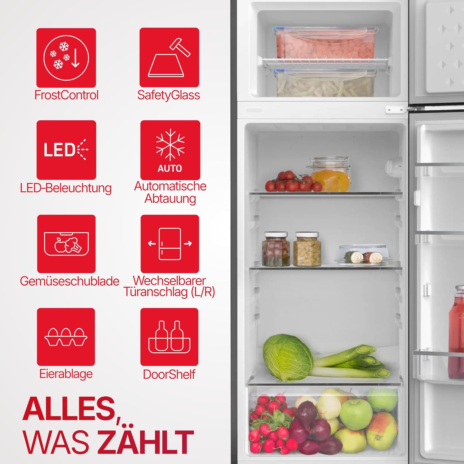 Amica Kühl‑Gefrierkombination freistehend 211 l FrostControl LED Beleuchtung 144 x 54 x 55 cm – Kühl Gefrierkombination Edelstahloptik