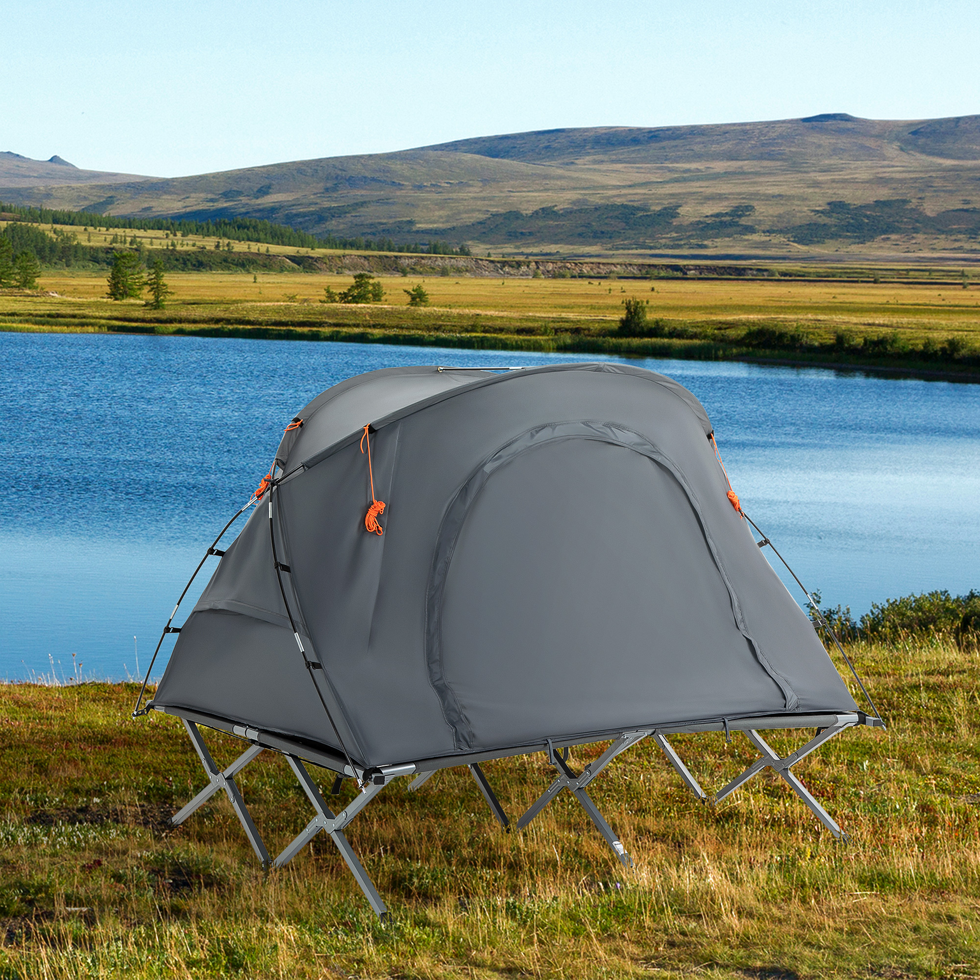 campingbed met tent, verhoogd campingbed voor 2 persoon, koepeltent met luchtbed, inclusief draagtas, grijs 200 x 146 x 159 cm