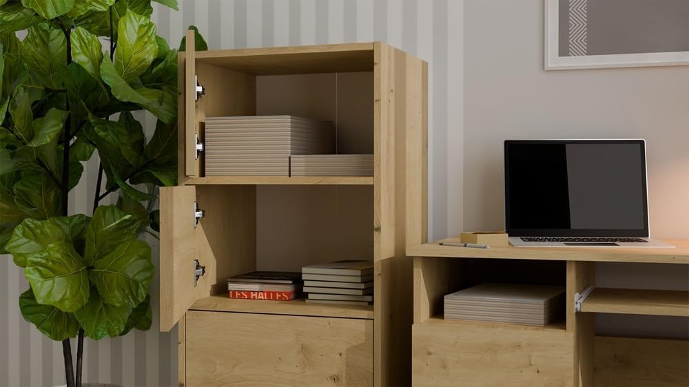 CDF Kommode Schrank Hochschrank mit 4 Türen und Einlegeböden - für Wohnzimmer Schlafzimmer Flur Büro – Grifflose Fronten – Modernes Design und langlebige Ausführung – Eiche Artisan Alma