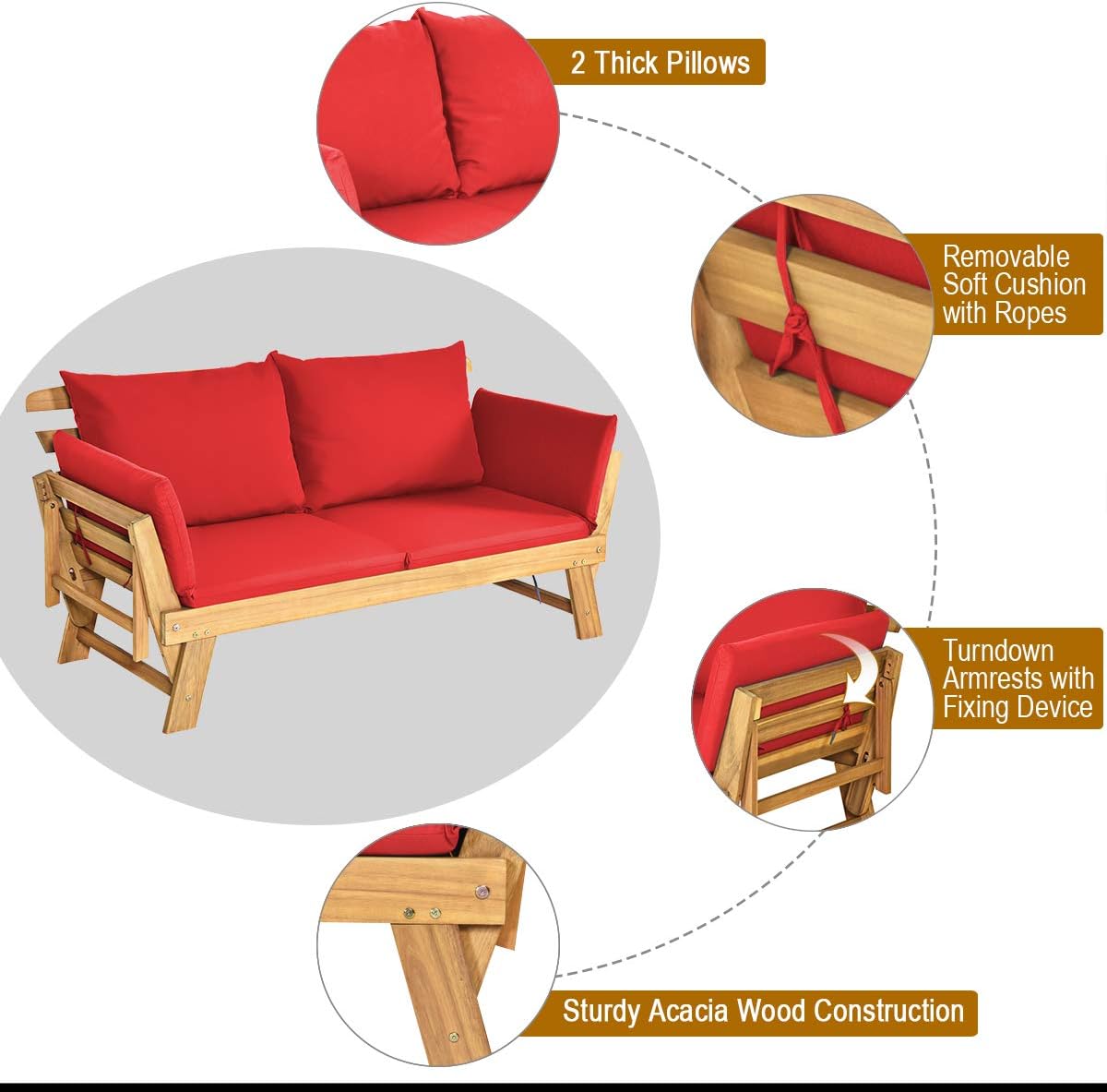 COSTWAY Ławka ogrodowa z funkcją leżenia, sofa ogrodowa z poduszkami i składanym podłokietnikiem, ławka balkonowa z drewna akacjowego, sofa balkonowa, sofa ogrodowa do ogrodu, na taras, balkon, 198 x