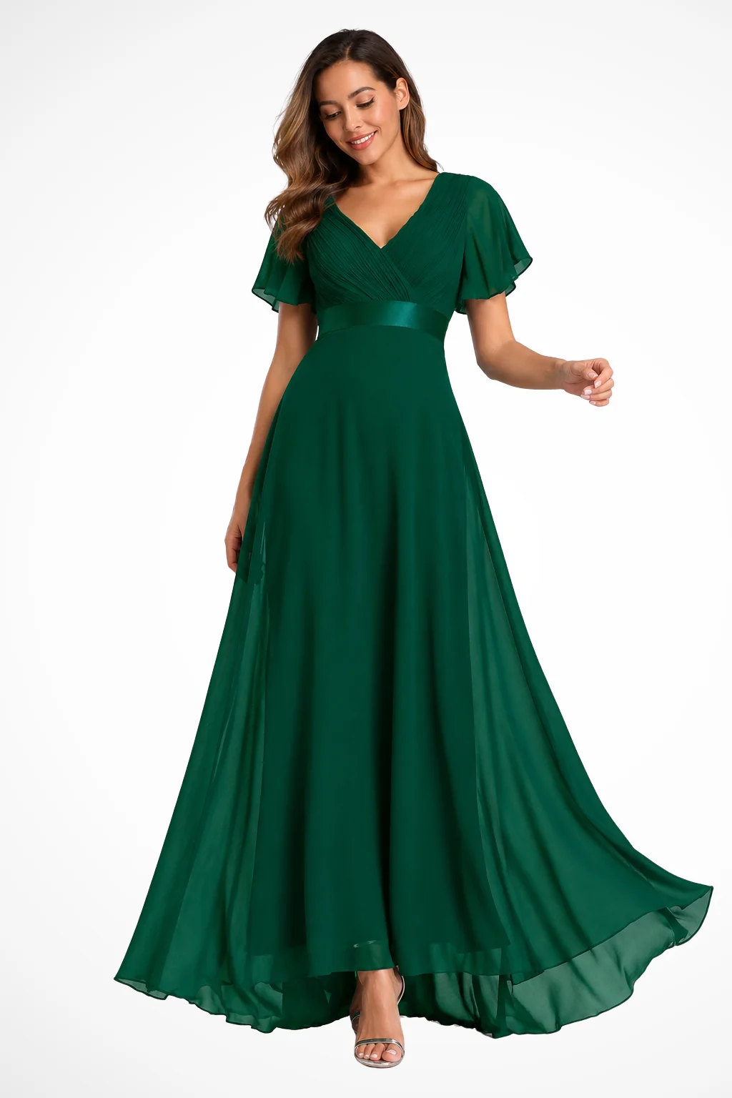 Chiffon-Maxikleid f��r Damen mit Flatter?rmeln und V-Ausschnitt f��r Hochzeitsg?ste