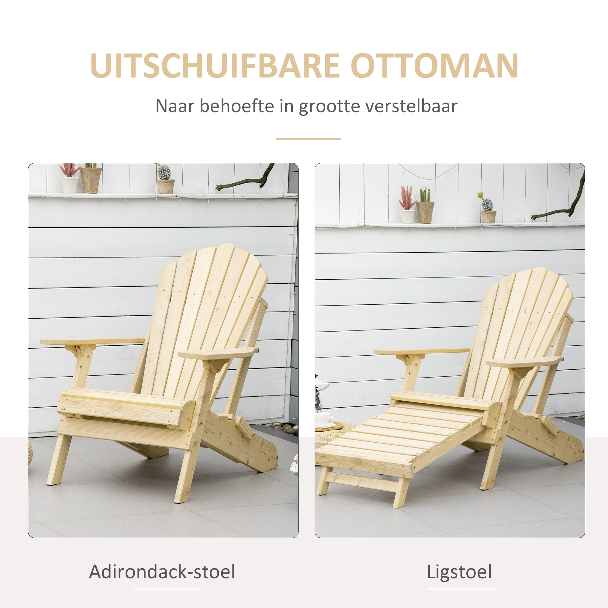 Adirondack Tuinstoel met Voetensteun Opvouwbaar Ligstoel Buitenmeubilair Grenenhout Natuur 78 x 140 x 94 cm