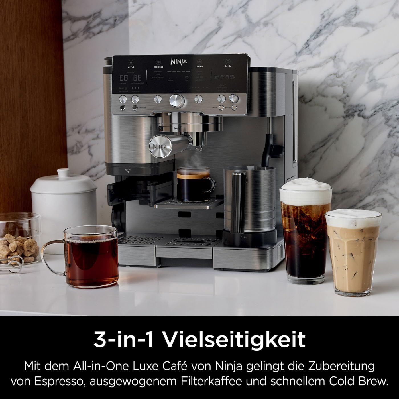 Ninja Luxe Essential 2-in-1-Kaffeemaschine mit Mahlwerk und Aufschäumer für Latte, Cappuccino & Espresso, einfache Handhabung, 2 Voreinstellungen zum Aufschäumen, Silber, ES501EU