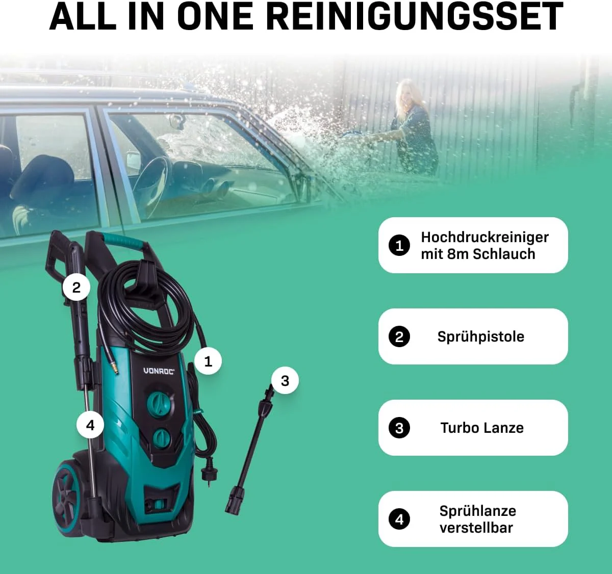 VONROC Professionele hogedrukreiniger 195bar - Gevelreiniger voor zware reinigingswerkzaamheden [2500W] - Hoge wateropbrengst [468 l/u] Reinigingstank, Aluminium Pomp - incl. Terrasreiniger