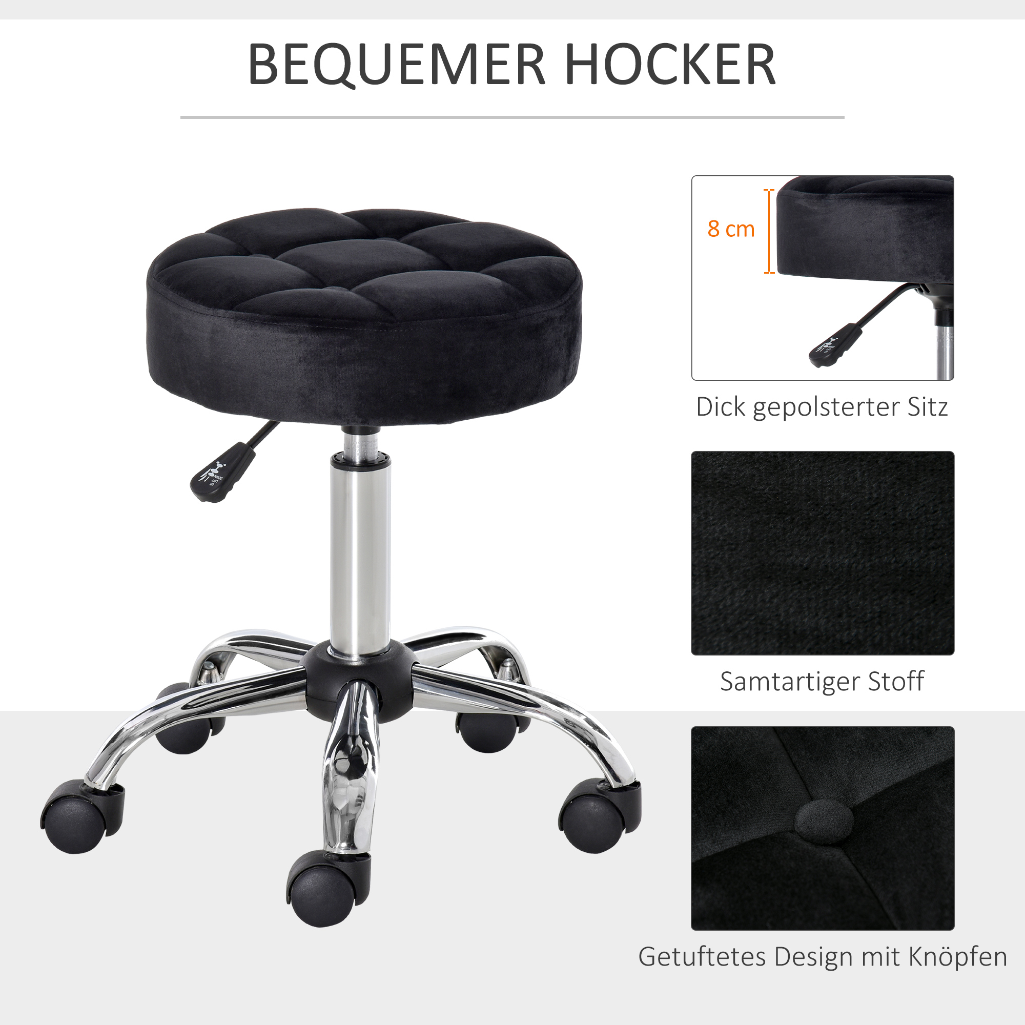 Salonkruk, in hoogte verstelbaar, met fluweelachtige bekleding, ?35 x 49-61 cm, Zwart