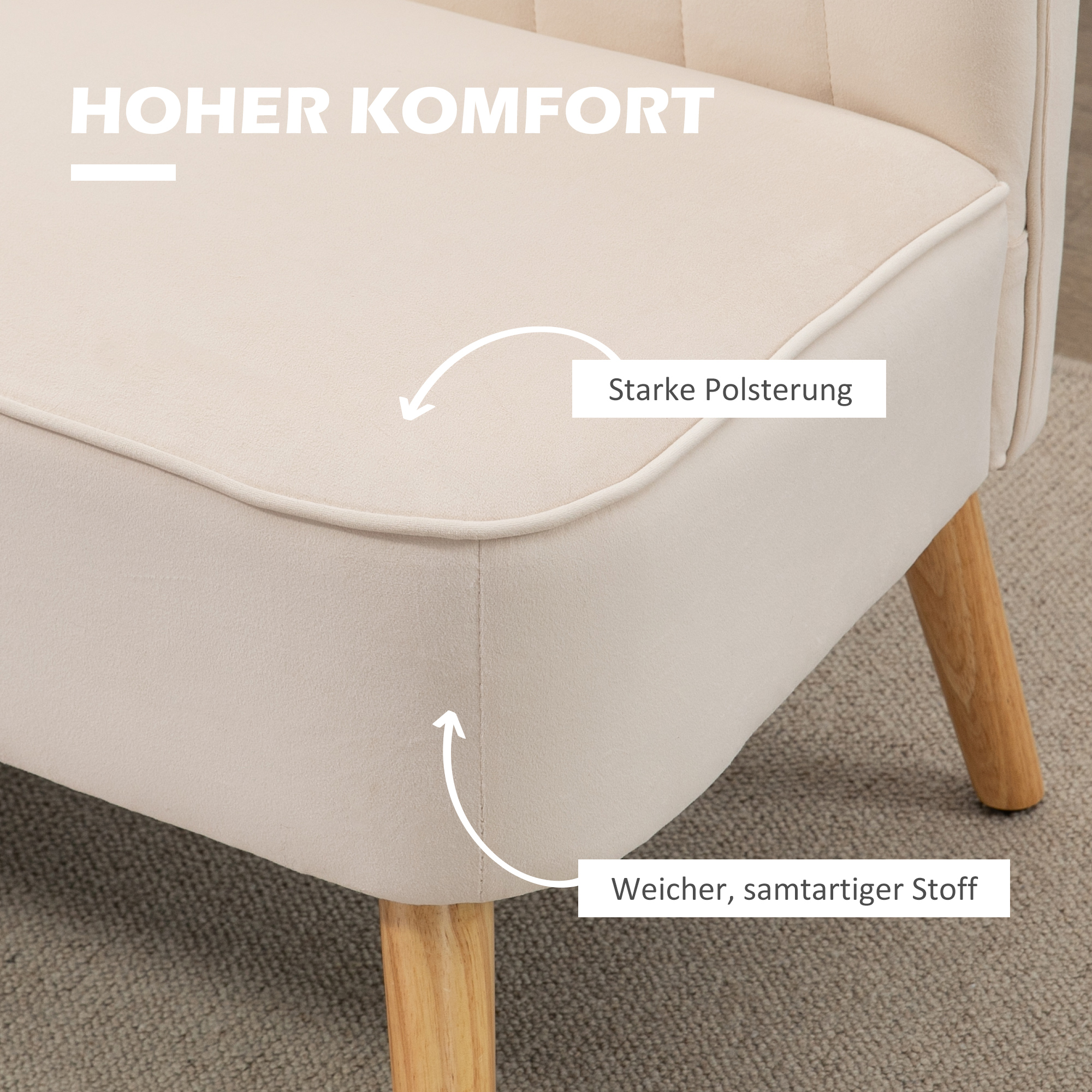 Sofa Retrodesign 2-zitsbank, houten poten, 117 cm x 56,5 cm x 77 cm, wit