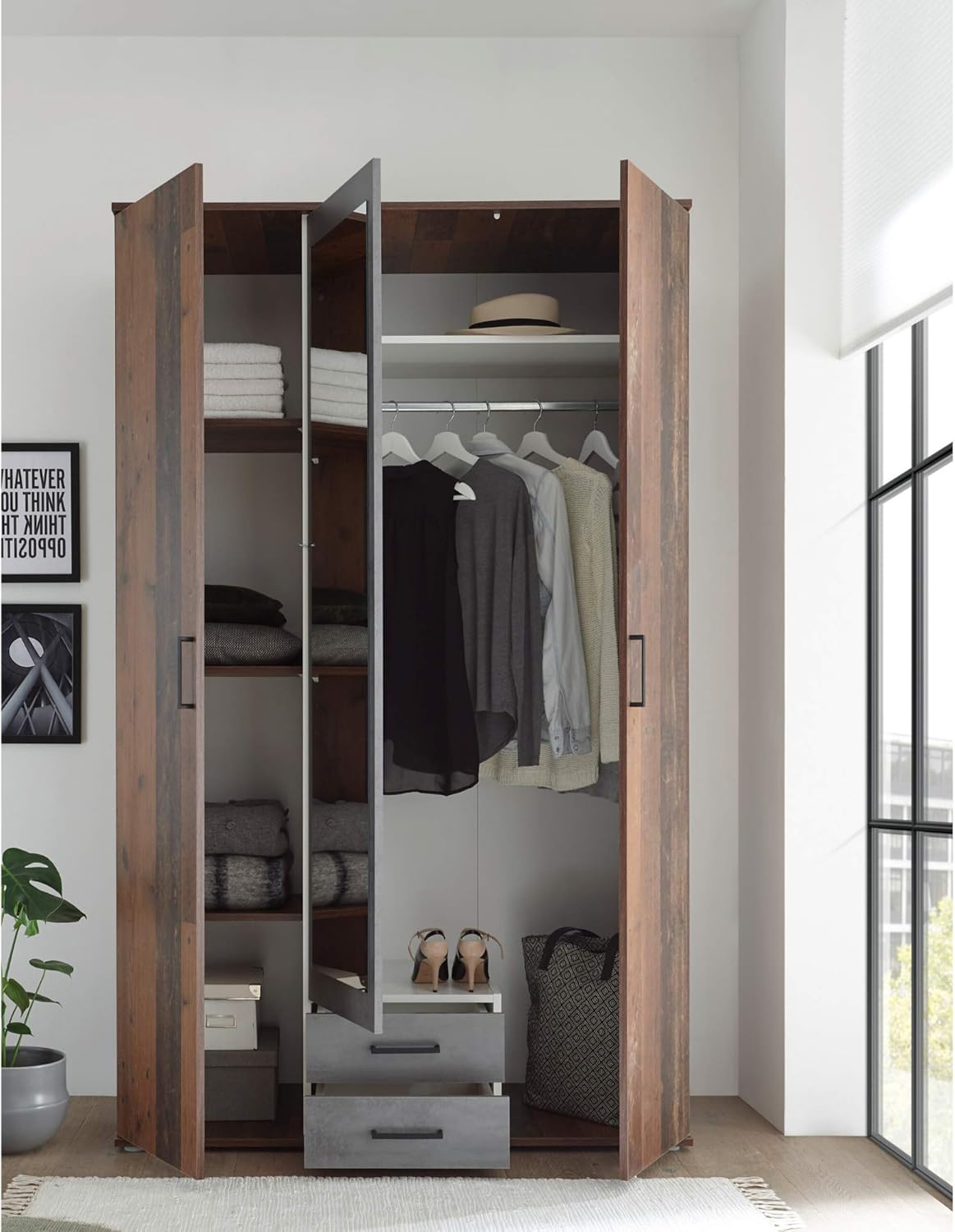 CHICAGO Eleganter Kleiderschrank mit viel Stauraum - Vielseitiger Drehtürenschrank in Old Style & Betonoxid Optik - 120 x 197 x 54 cm (B/H/T)