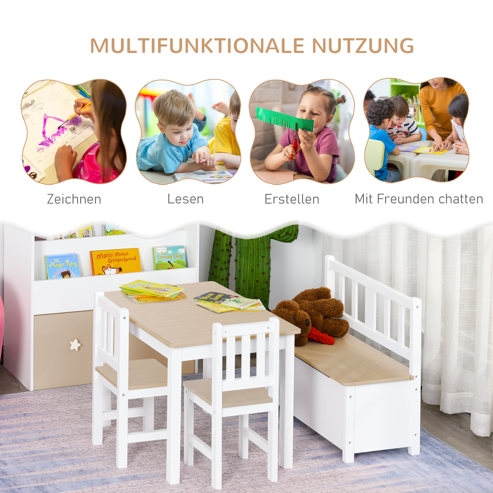 4-delige kinderzitgroep kindertafel kinderstoel kinderbank kindermeubel naturel