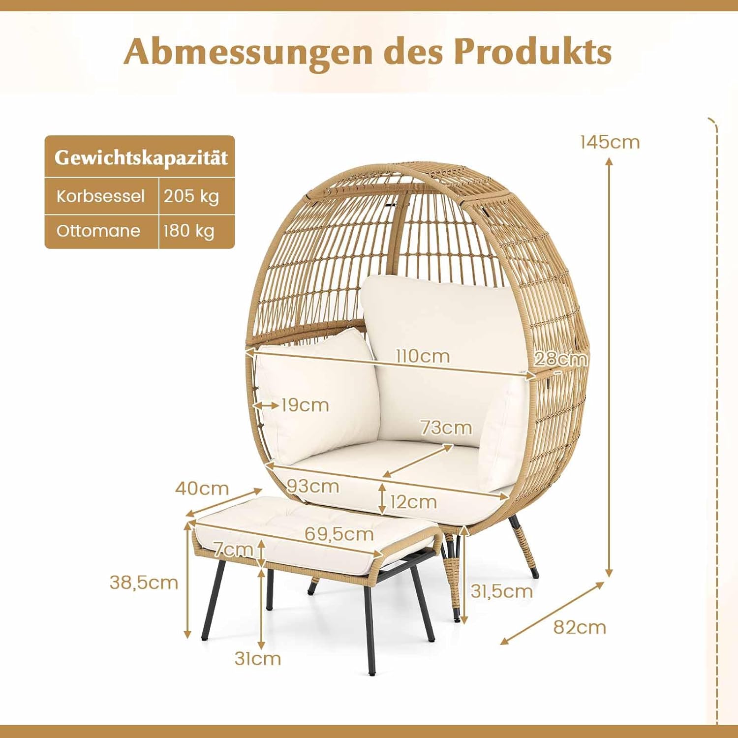 COSTWAY Korbsessel Rattan mit Hocker, übergroßer Gartensessel mit Kissen und Metallgestell, Rattansessel XXL, Loungesessel für Balkon, Garten, Wohnzimmer, Terrasse, Beige