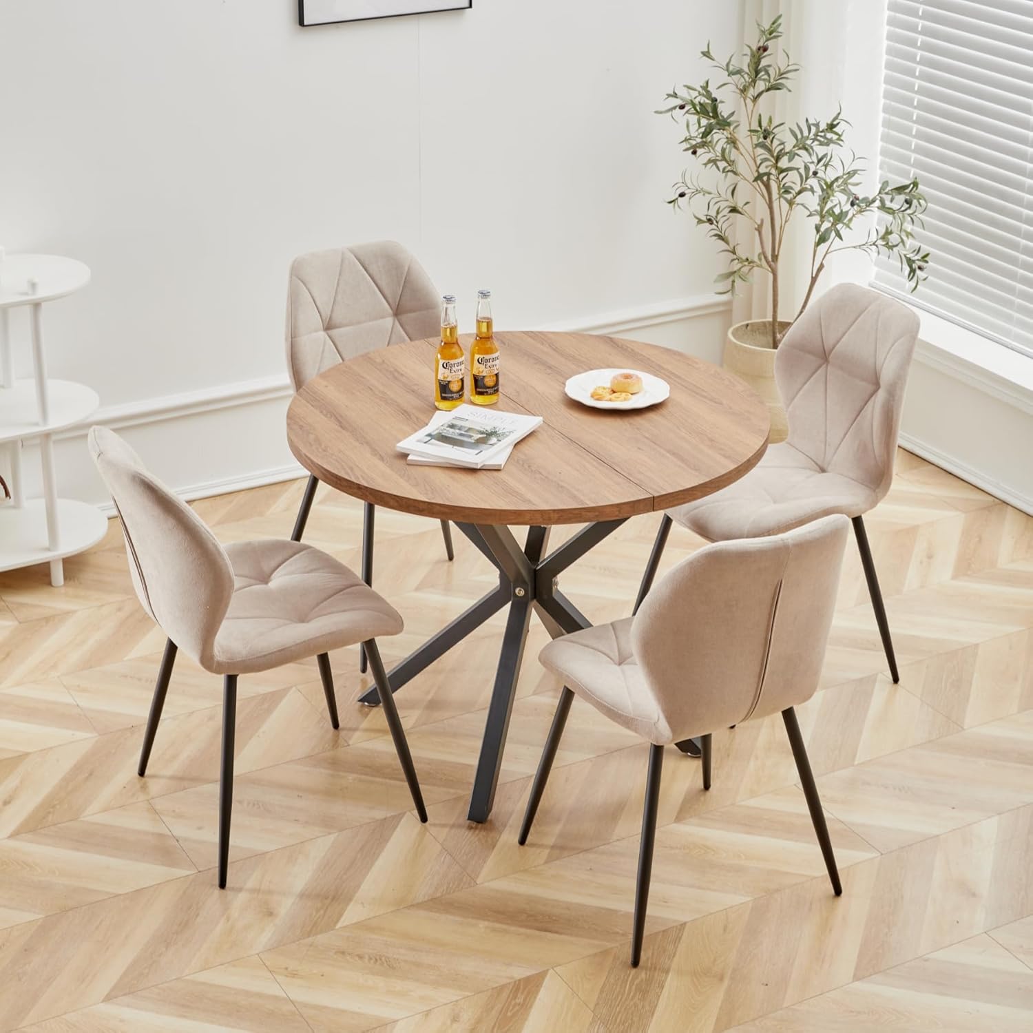 8er-Set Esszimmerstuhl, Küchenstuhl aus Leinen-Diamantgewebe, Gepolsterter Stuhl mit Hochdichtem Rückprallschwamm Gefüllt, Geeignet für Esszimmer, Küche, Wohnzimmer, Schlafzimmer - Beige