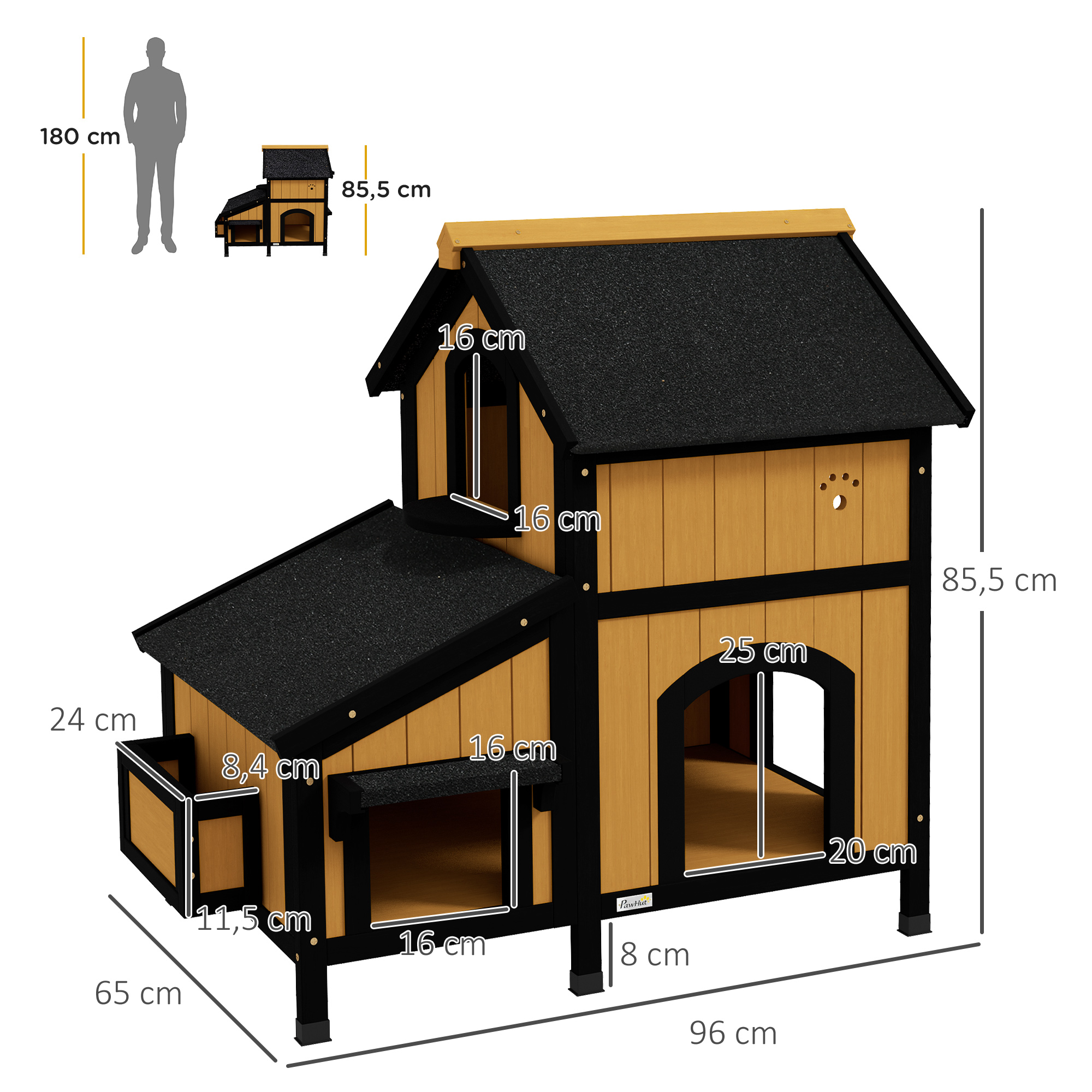 Kattenhuis Kattenhut Kattenhol, inclusief bloembak, 96 cm x 65 cm x 85,5 cm, Geel + Wit + Zwart
