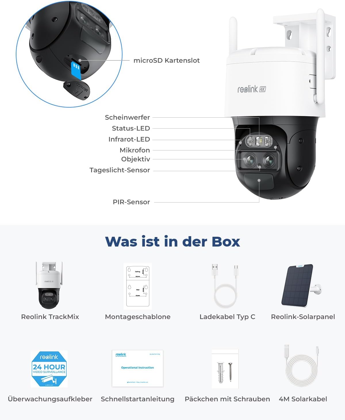 Reolink 4K PTZ Überwachungskamera Aussen Akku mit Auto-Tracking & Auto-Zoom, Dual Lens, 8MP Solar WLAN Kamera Outdoor, 2,4/5GHz WiFi, 30m Farbnachtsicht, KI-Erkennung, 360° View, TrackMix+Solarpanel