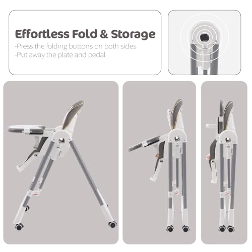 Seggiolone pieghevole 3 in 1 con imbracatura, con 4 ruote bloccabili, 5 posizioni reclinabili, sedia regolabile per neonati e bambini da 6 mesi a 3 anni : Prima infanzia