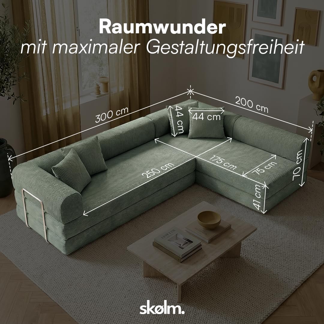 skølm Lofn Ecksofa 4 Sitzer – Wohnlandschaft L-Form Cord – Klappsofa 300cm breit Dunkelgrün – ausklappbar zum Schlafsofa, Bodensofa – Vollschaum Sofa mit 4 Kissen & Stahlgestell – Cloud Couch boneless | ohne Aufbau