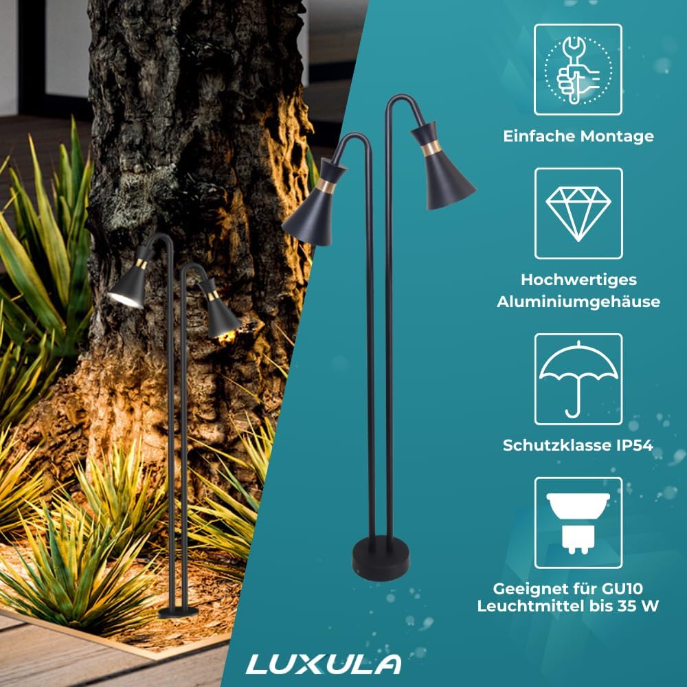 LUXULA 4er Set 2-flammige Wegeleuchte Außen mit Bodenplatte und Erdspieß, GU10 Fassung, Aluminium, 76,5cm Höhe - LED Außenleuchte IP54 Stehleuchte Garten Terrasse