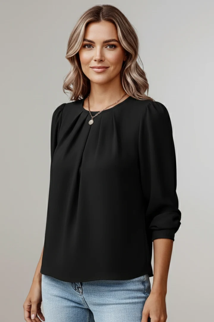 Damenbluse mit Rundhals und modischen Puff?rmeln | Langarm Schlupfbluse mit Plissee-Detail | Vielseitige Business Bluse