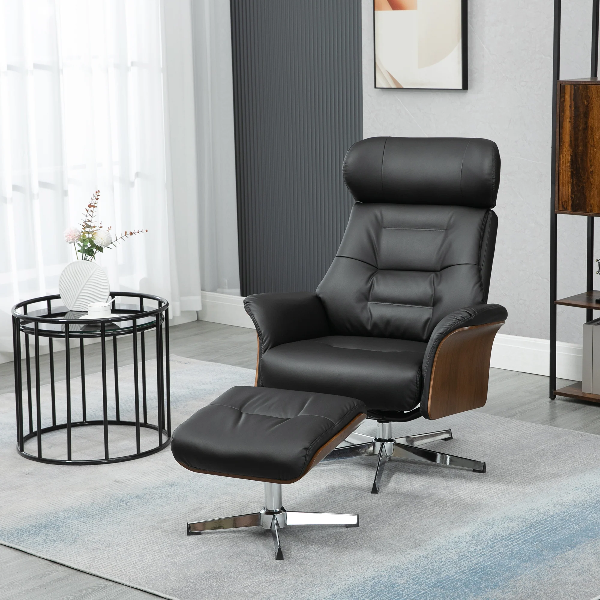 HOMCOM Fauteuil met voetenbank, 360° draaibaar, ligfunctie, leesstoel, zwart, 80 x 84 x 108 cm