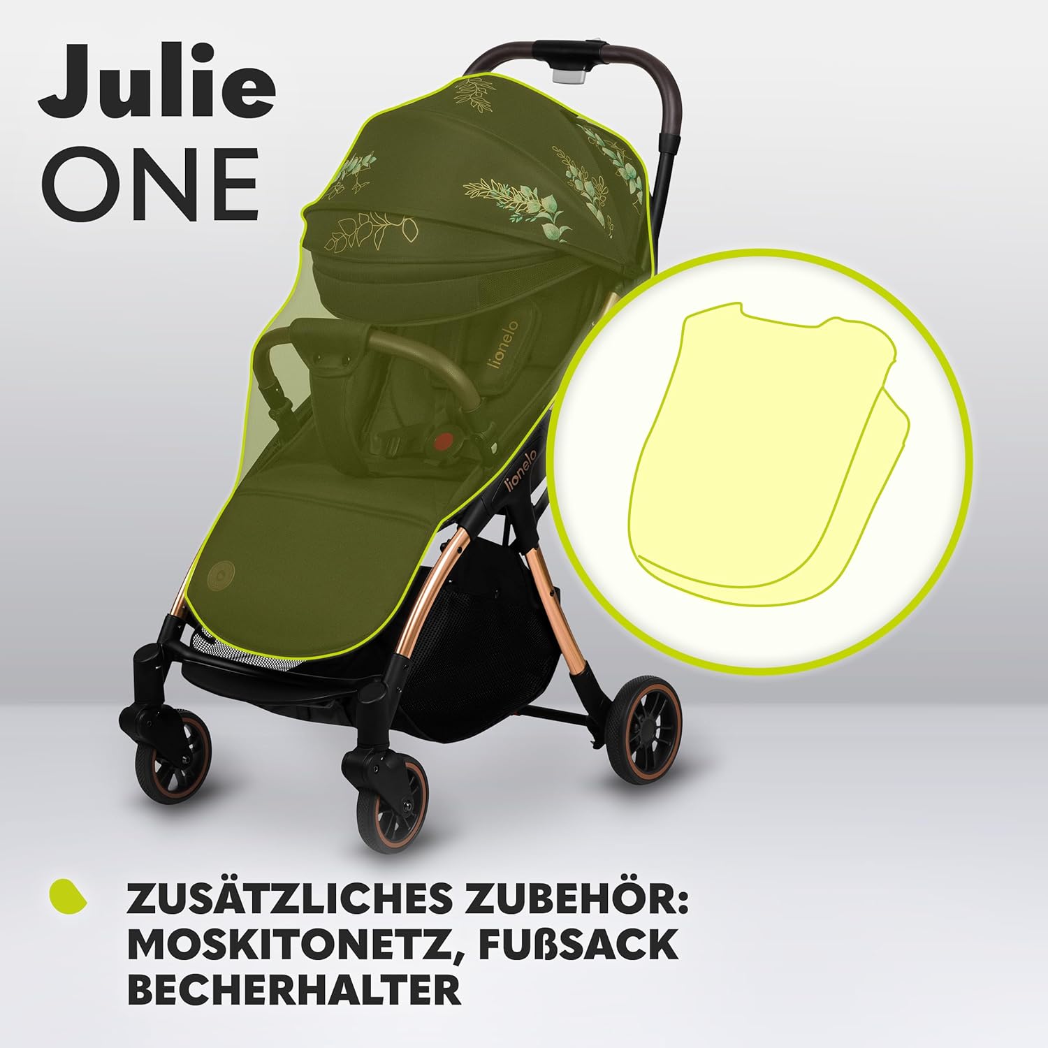 LIONELO Julie One Buggy Kinderwagen bis 22 kg, verstellbare Rückenlehne und Fußstütze, Moskitonetz, Beinwärmer, Getränkehalter und Transporttasche, zusammenklappbar