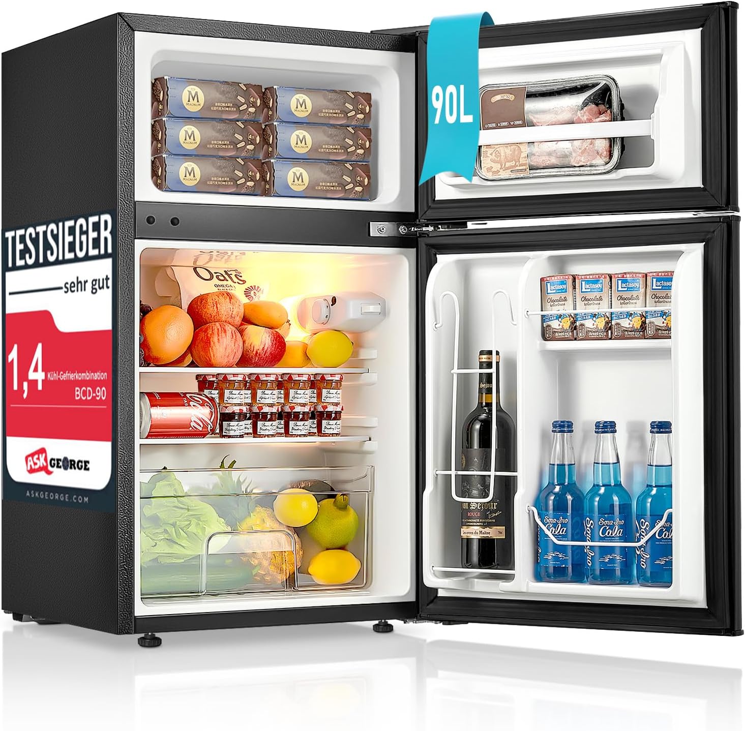FOHERE Mini Kühlschrank mit Gefrierfach Klein 90L, 26 L Gefrierfach | 64 L Kühlschrank für Schlafzimmer, 7-Stufen Thermostat, Energieeffizien, 43 dB mit 2 Wechselbare Tür, für Wohnheime, Wohnungen
