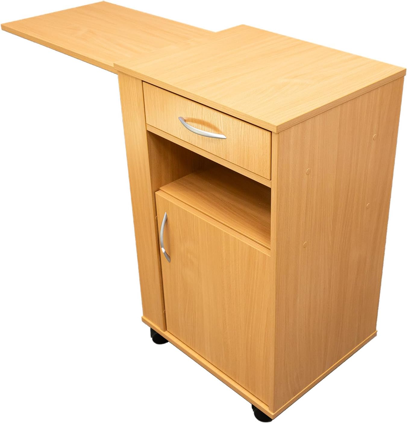 Nachttisch mit Schublade und 4 Rollen – Patientenbett-Schrank, mobil, mit Bremsen – ideal für Pflege, Reha, Krankenhäuser & Zuhause, Buche