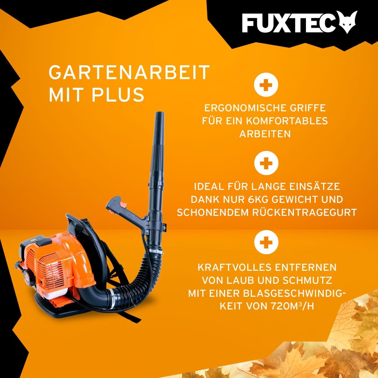 FUXTEC Benzin Laubbläser rückentragbar FX-LB133T – über 300 km/h – rückenschonend und tragbar für große Flächen – Rückenbläser, 2-Takt Blasgerät