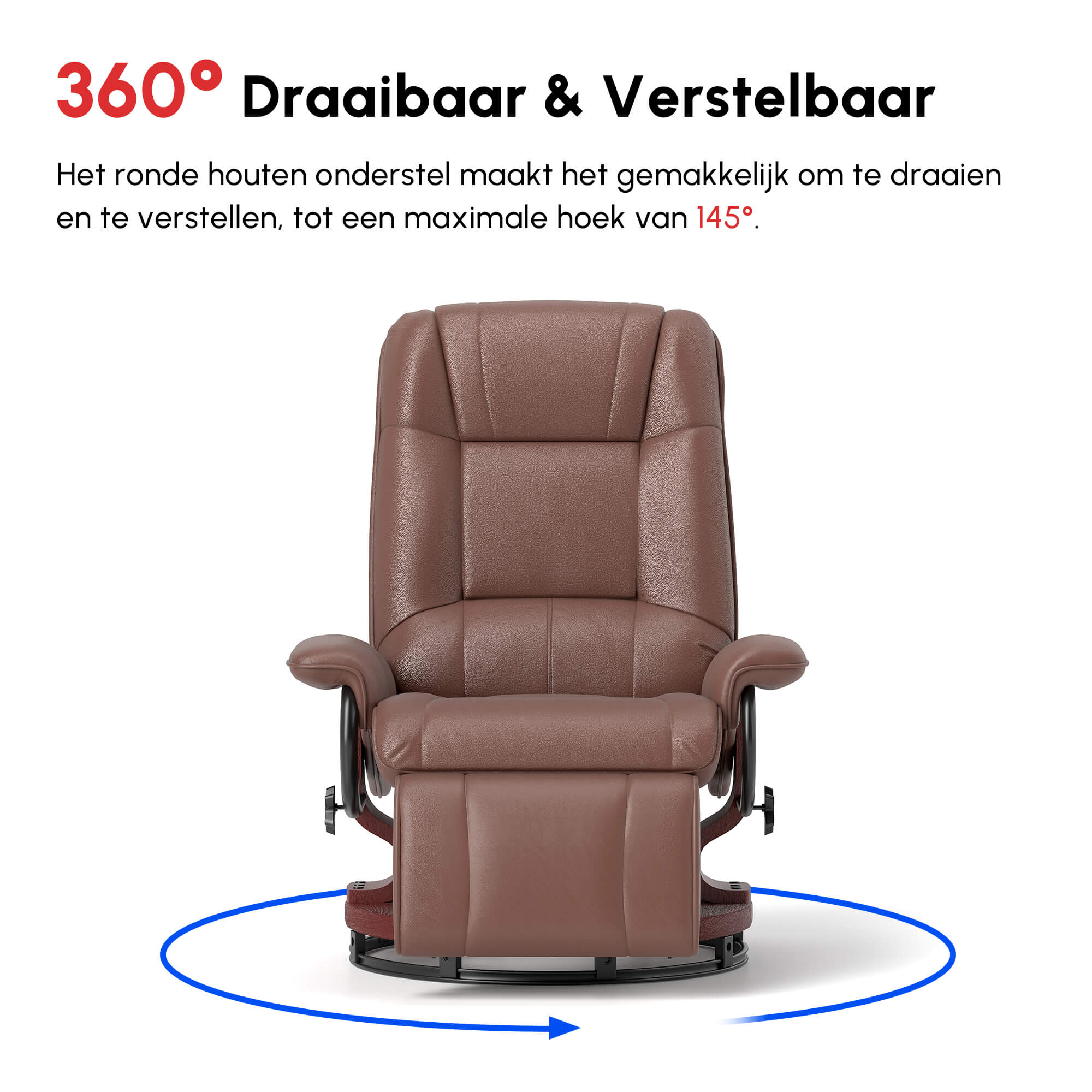 Relaxstoel, 145�� kantelbaar, Verstelbare Voetensteun, Kunstleder, 360�� Draaibaar, tot 120 kg, Bruin