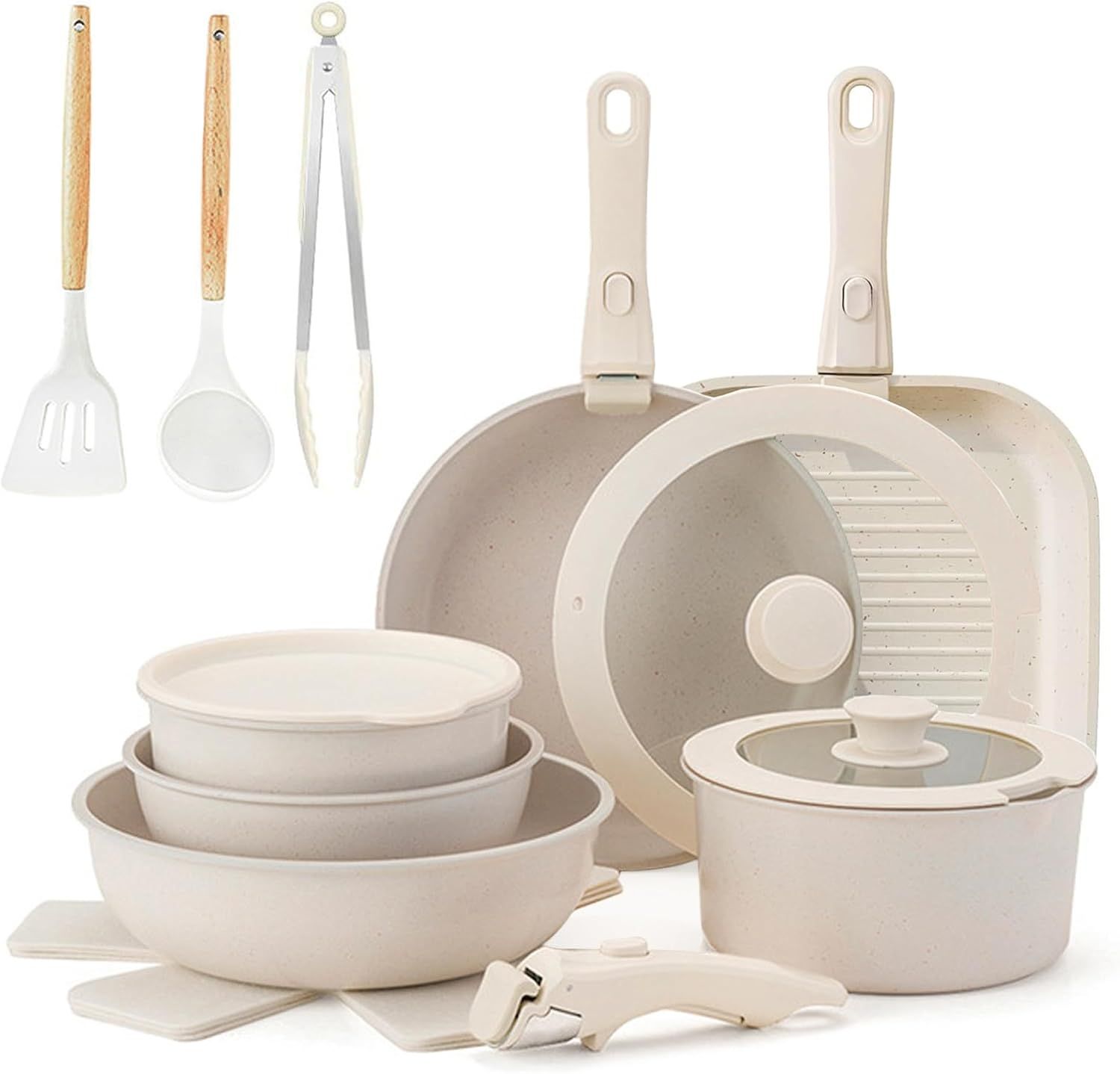 20 Piece Non-Stick Ceramic Cookware Set with Detachable Handles, Stackable for All Stoves and Oven Safe, Cream White